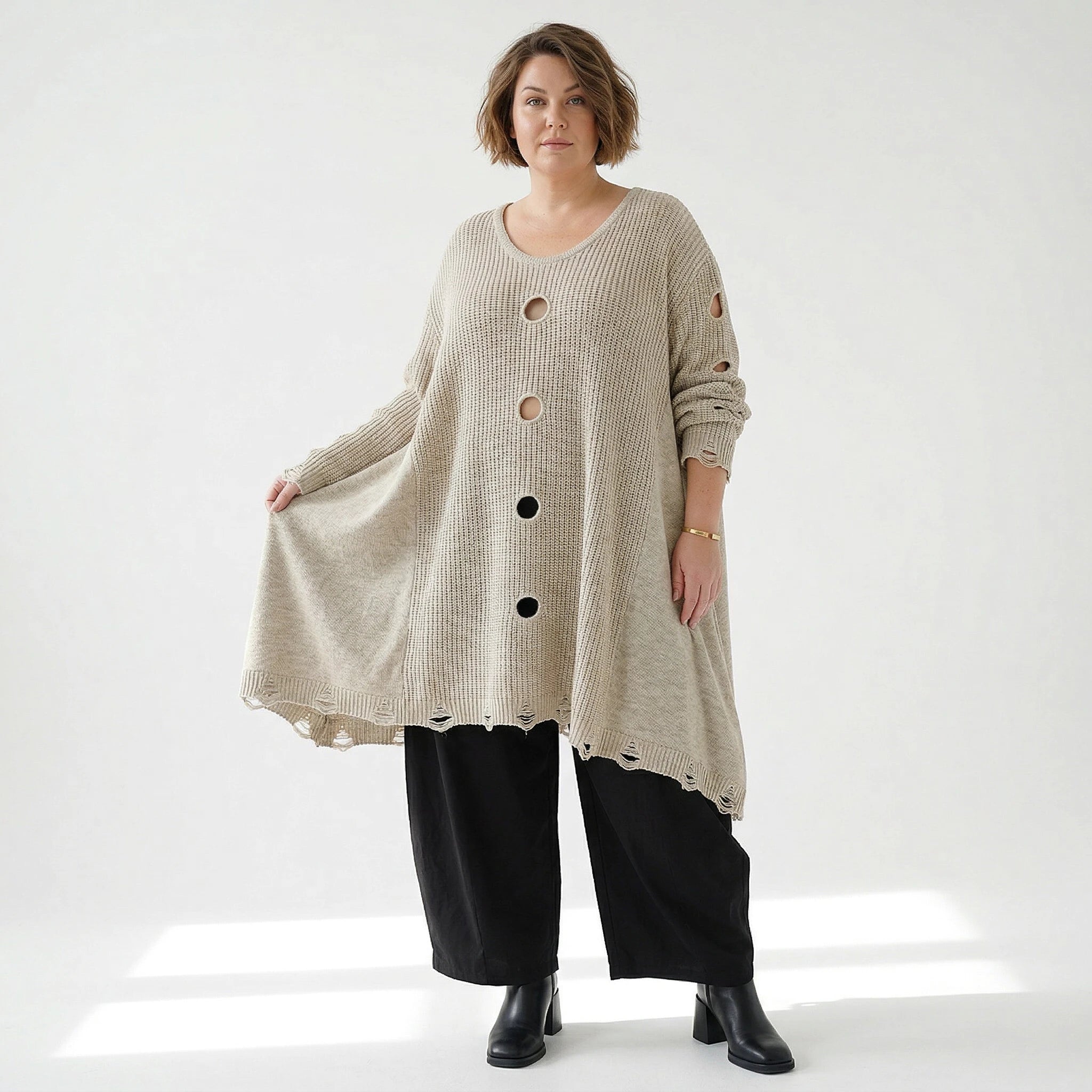 A-Form Bigshirt von AKH Premium aus Baumwolle, P1032.2603, Beige, Ausgefallen, Zeitlos