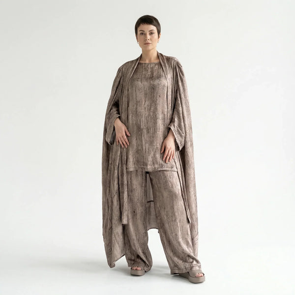 3-Teiler Damen Set B-ONE Taupe-Bronze Oversize Cardigan Shirt Hose Baumwolle Jersey Türkei – EU 40/50 – Lagenlook