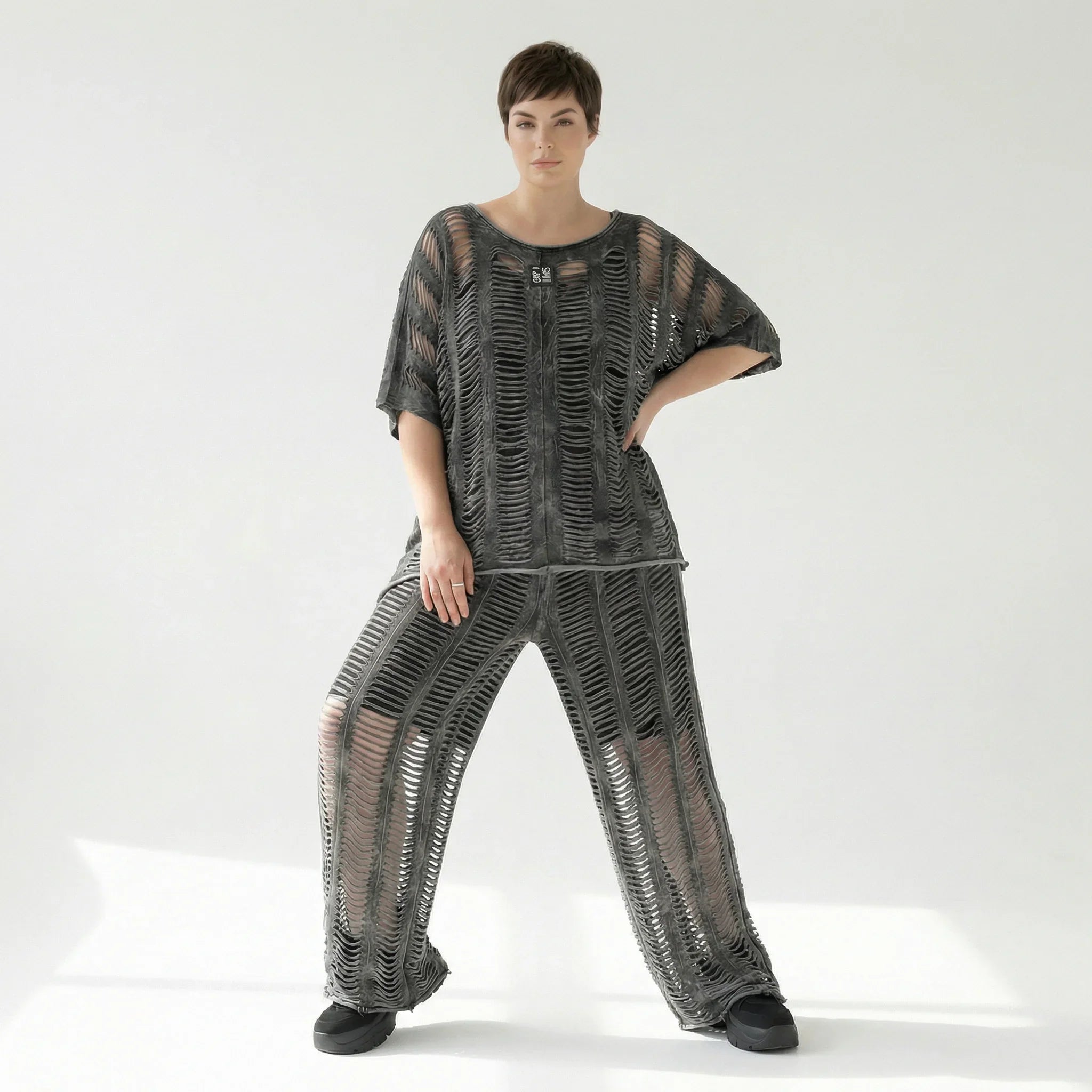 B-ONE Damen 3-Teiler Top, Shirt & Hose in Grau Cut-Out-Look, Baumwolle, Oversize, EU 40/50