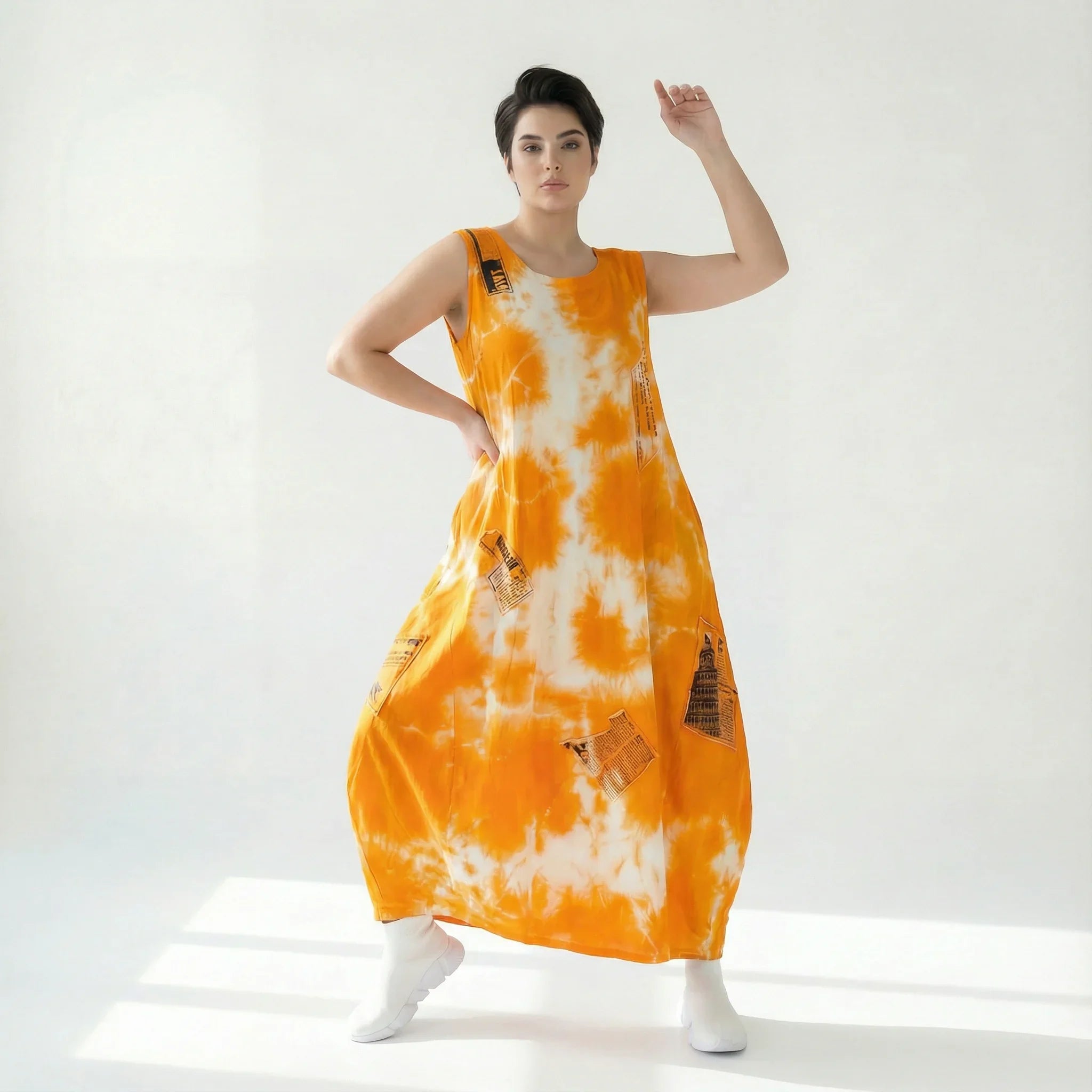 B-ONE Damen Batik Maxikleid Orange Weiß aus Baumwolle, Made in Türkei, Größen EU 36/46, Sommerkleid Avantgarde