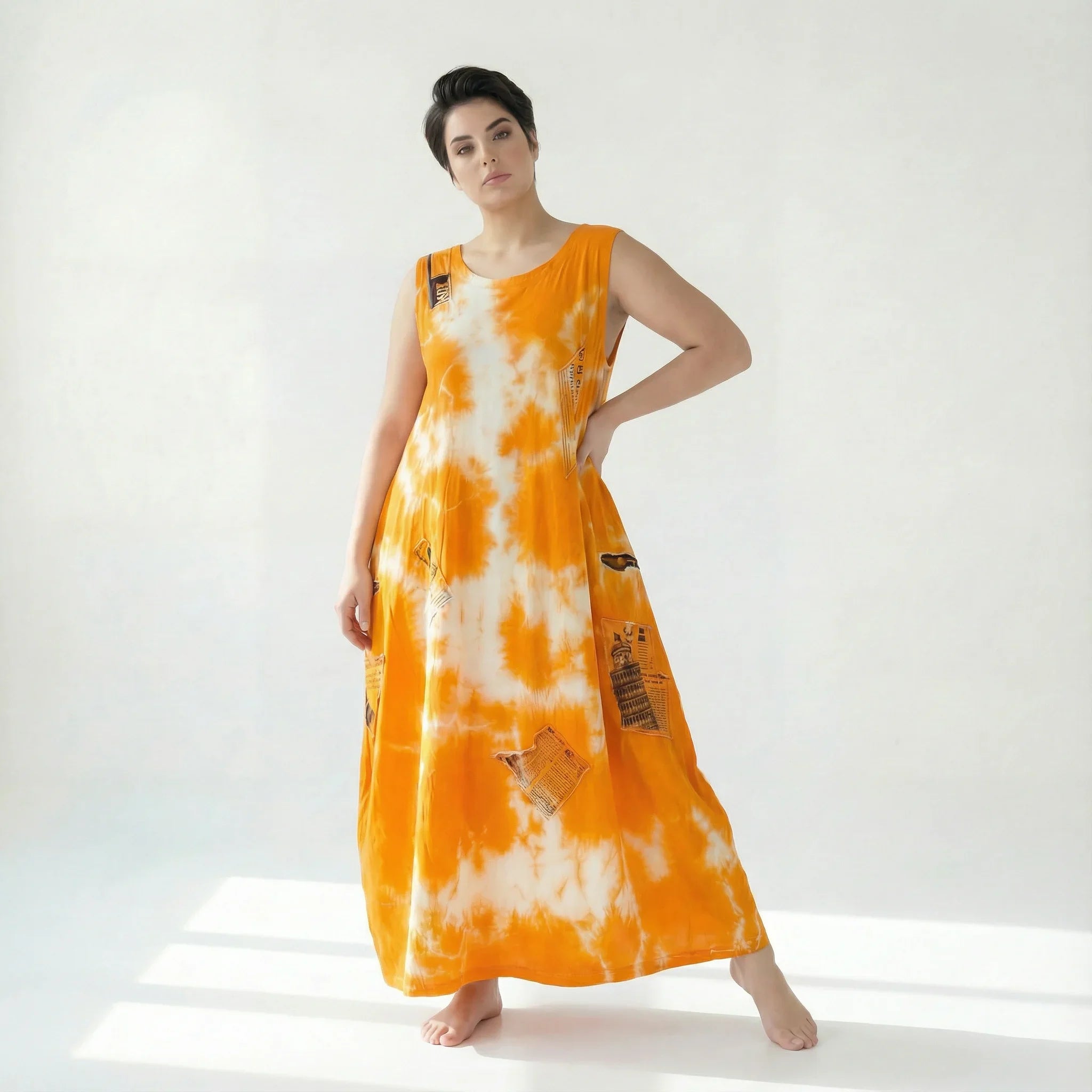 B-ONE Damen Batik Maxikleid Orange Weiß aus Baumwolle, Made in Türkei, Größen EU 36/46, Sommerkleid Avantgarde