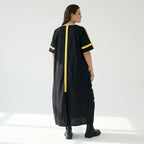 Cadrelli Damen Maxikleid schwarz gelb, Avantgarde Oversize Kleid aus Viskose-Lycra, EU 42 bis 54