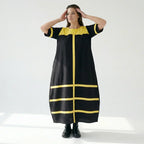 Cadrelli Damen Maxikleid schwarz gelb, Avantgarde Oversize Kleid aus Viskose-Lycra, EU 42 bis 54