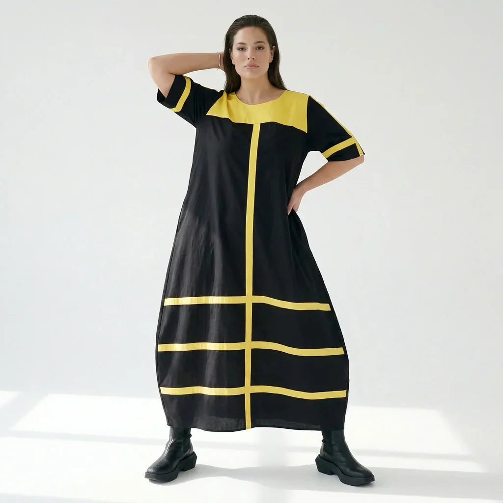 Cadrelli Damen Maxikleid schwarz gelb, Avantgarde Oversize Kleid aus Viskose-Lycra, EU 42 bis 54