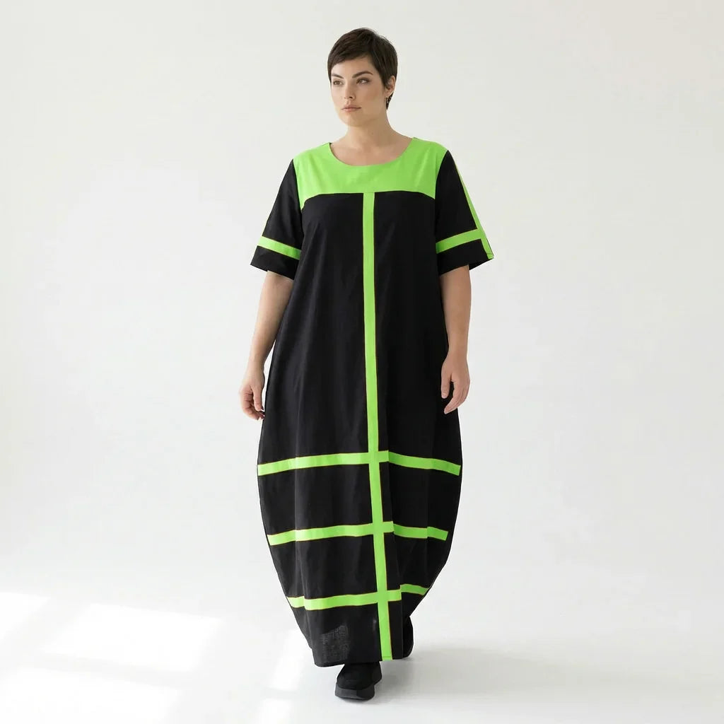 Cadrelli Damen Maxikleid schwarz neon-grün, Avantgarde Oversize Kleid aus Viskose-Lycra, EU 42 bis 54