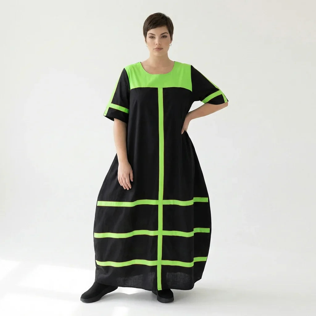 Cadrelli Damen Maxikleid schwarz neon-grün, Avantgarde Oversize Kleid aus Viskose-Lycra, EU 42 bis 54