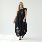 Damen Kleid schwarz LUANI Avantgarde Look mit Applikationen, Baumwollmix, EU 40 bis 48