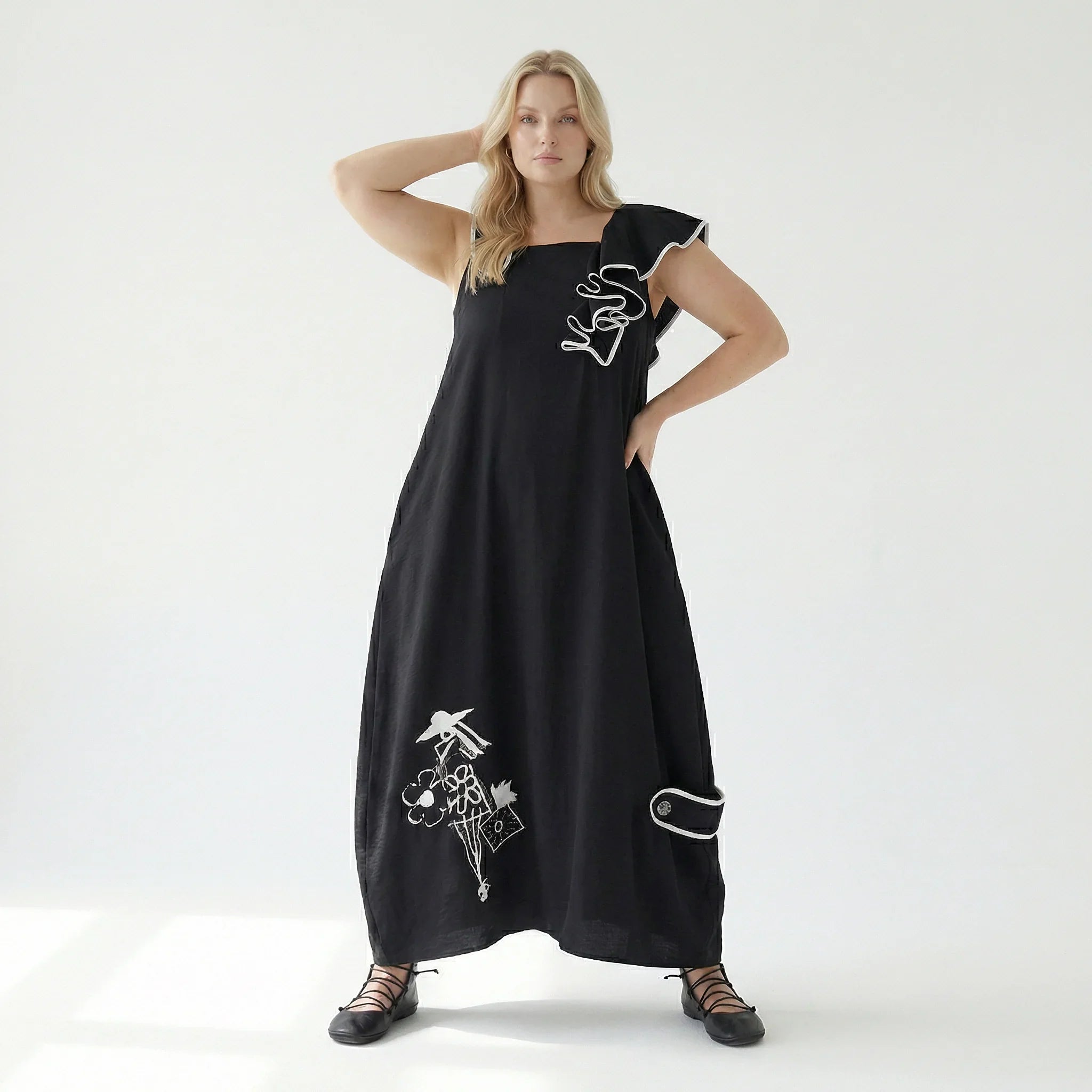 Damen Kleid schwarz LUANI Avantgarde Look mit Applikationen, Baumwollmix, EU 40 bis 48