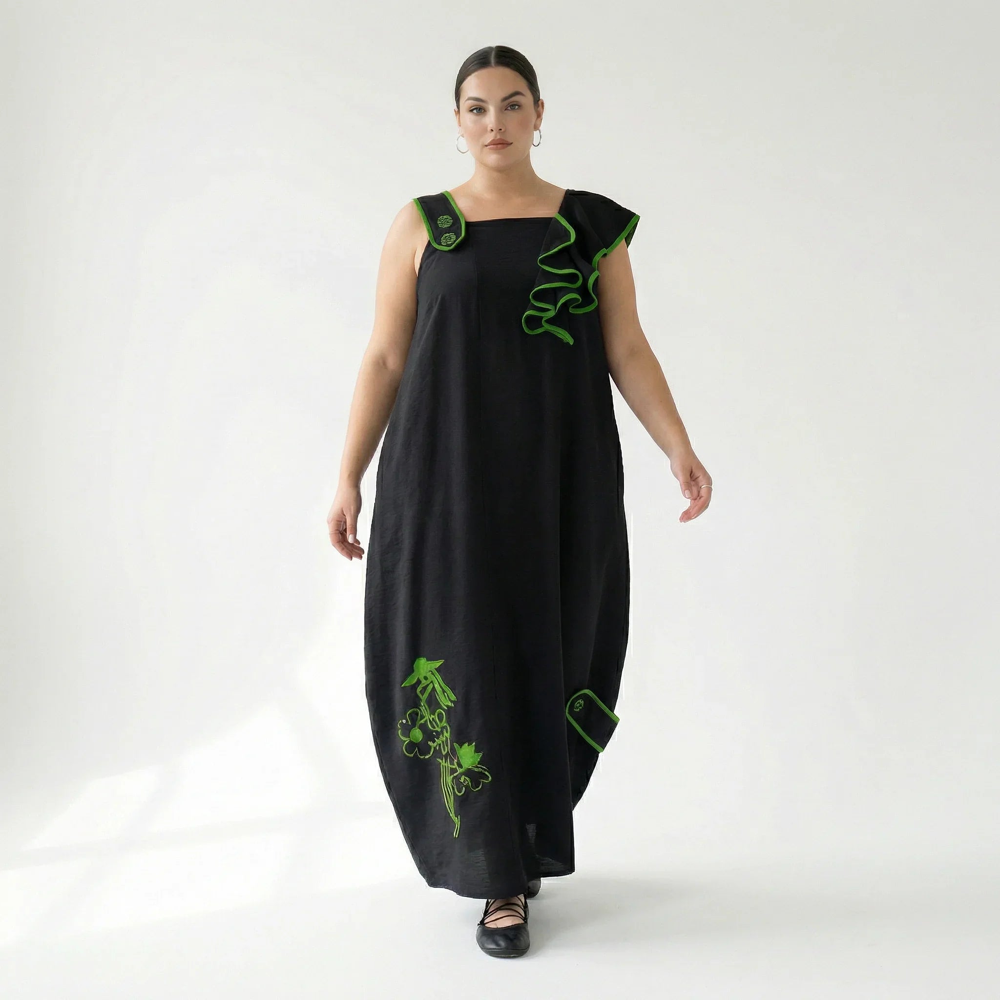 Damen Kleid schwarz-grün LUANI Avantgarde Maxikleid Baumwolle mit Stickerei, EU 40 bis 48