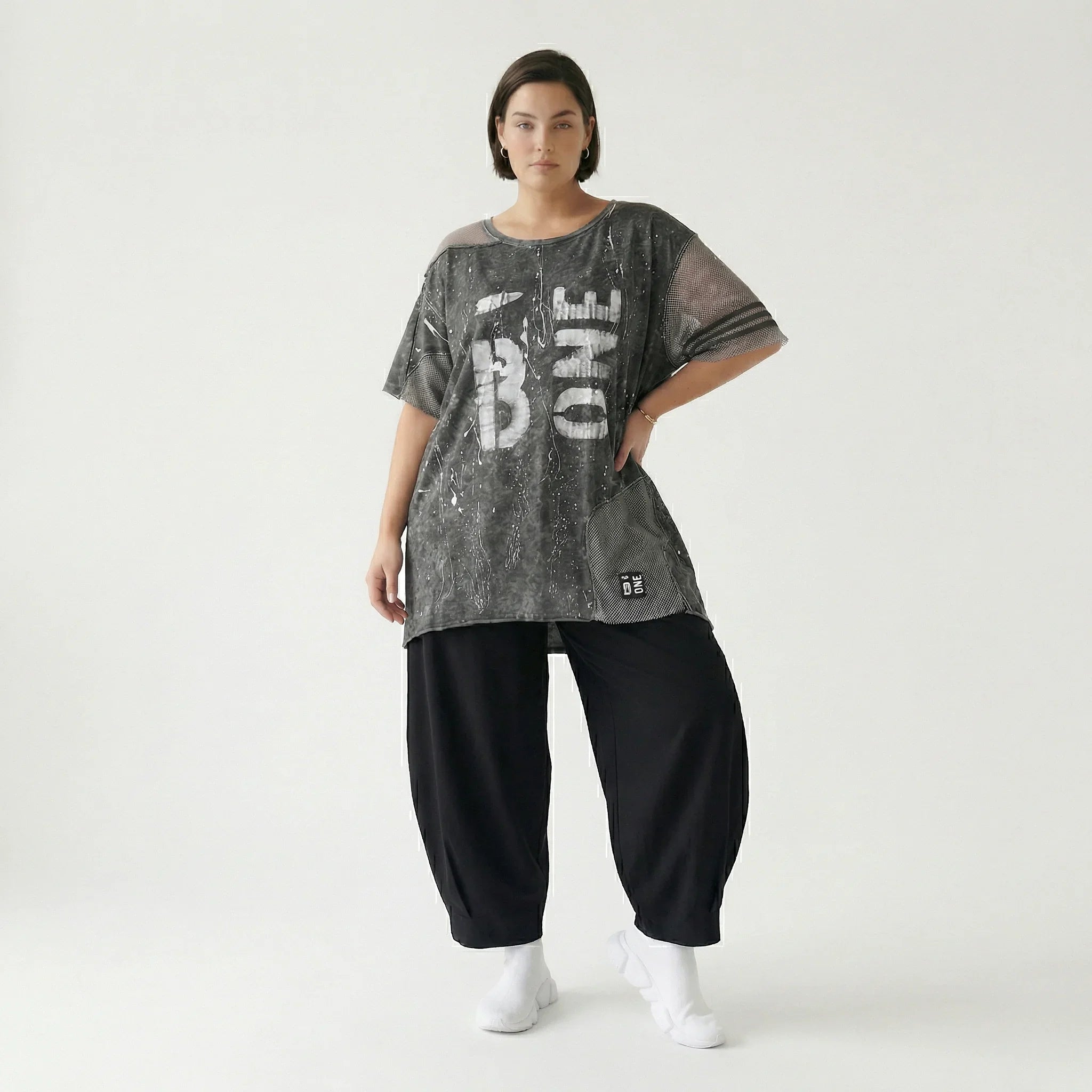 Tunika Damen Oversize B-ONE Grau Schwarz Print Mesh Jersey luftig stretch EU 38 bis 48 Lagenlook