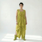Caraclan Damen Kleid Chartreuse Viskose Baumwolle, Oversized Ballonschnitt, EU 38 bis 50 – Avantgarde Sommerkleid