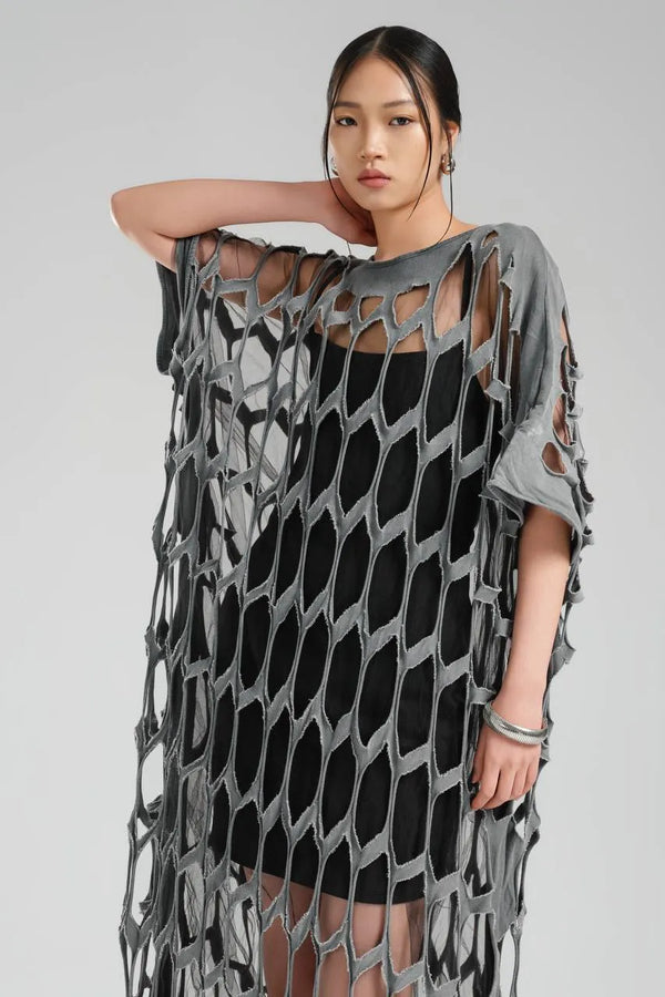  TW3 Kleid in gerader Form, aus Baumwolle, 1539, Grau, Ausgefallen, Zeitlos, Schick