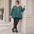 Langarmshirt in Dunkelgrün mit fließender A-Linie aus feinem Stretchjersey für den Winter