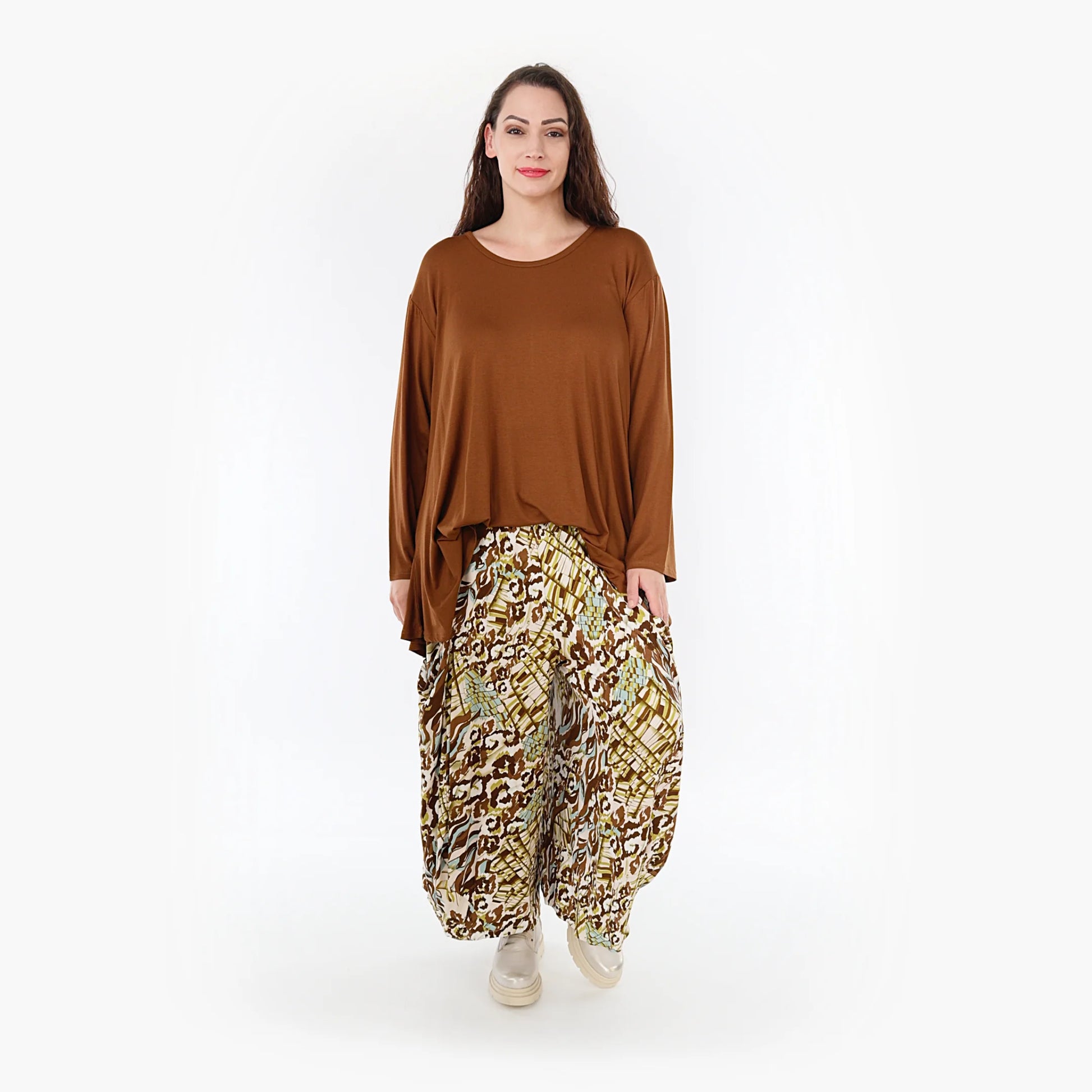 Ballonhose von AKH Fashion aus Viskose, 1355.08069, Olive-Cognac-Weiß, Muster, Ausgefallen