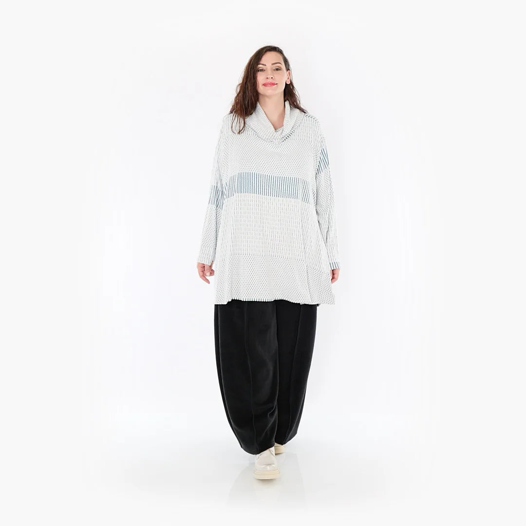 A-Form Bigshirt von AKH Fashion aus Viskose, 1377.0593R, Blau-Ecru, Gerippt, Schick, Modern