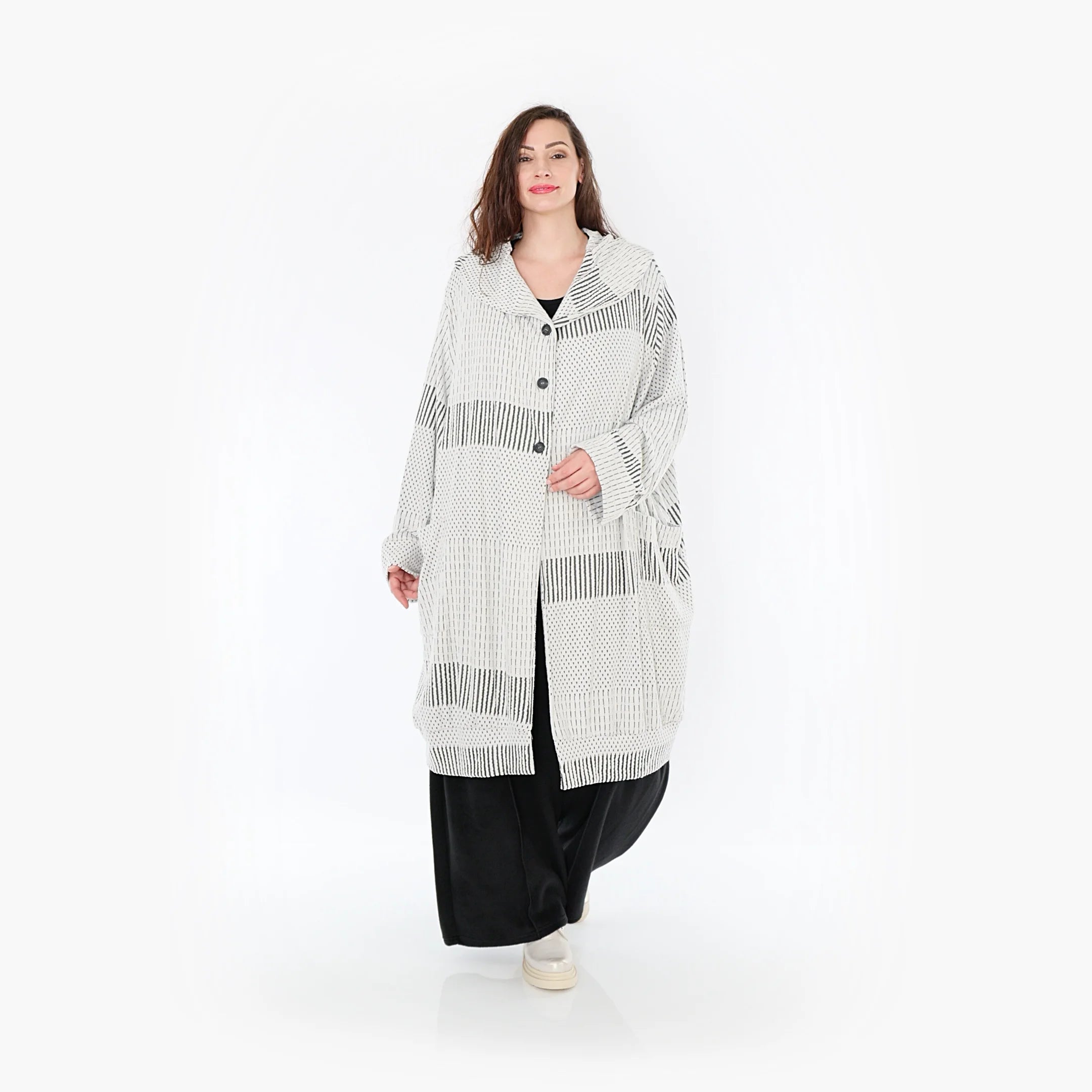 Ballonmantel von AKH Fashion aus Viskose, 1377.06518, Schwarz-Ecru, Gerippt, Schick