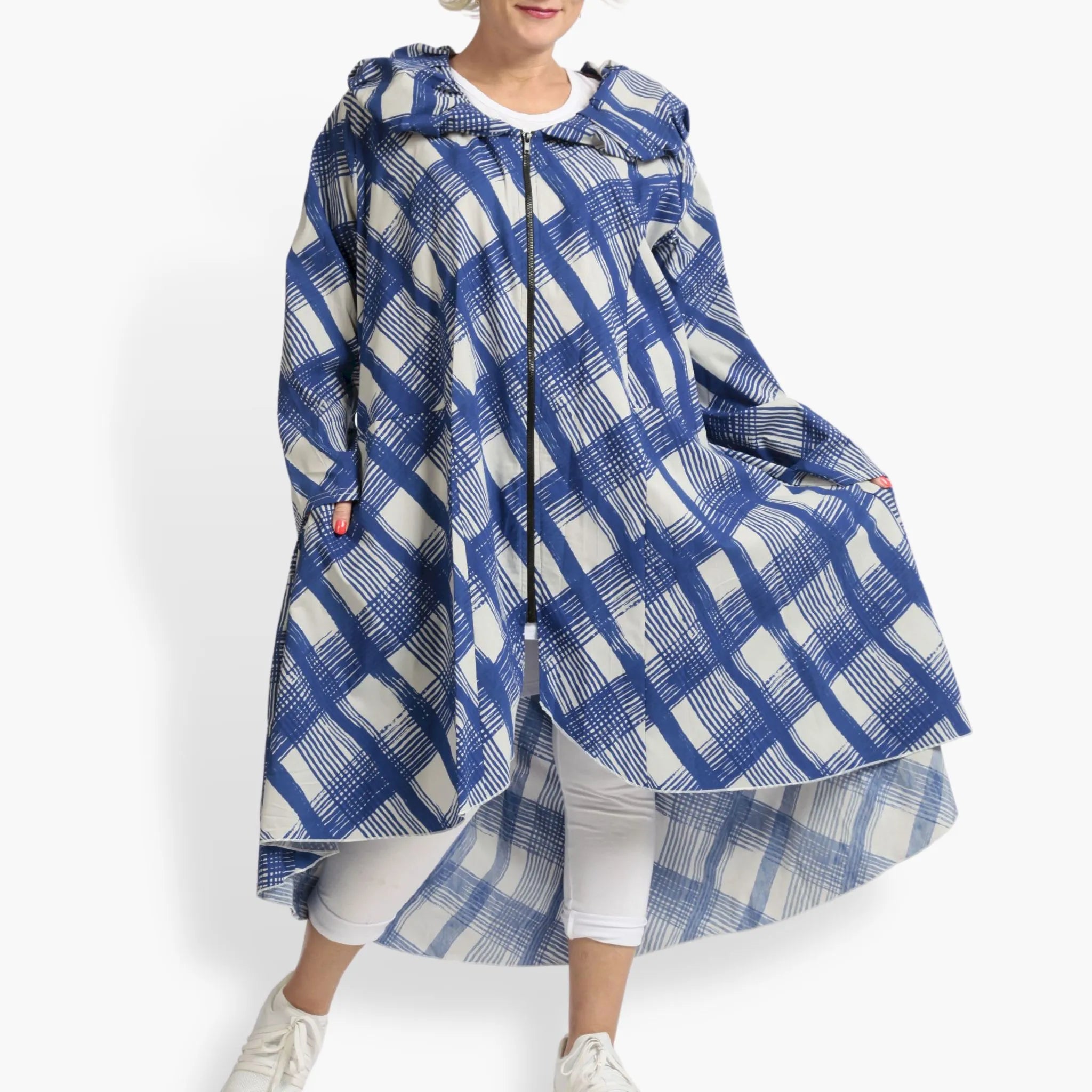  AKH Fashion Mantel in gerundeter Form, aus Viskose, 1089.01603, Blau-Grau, Kariert