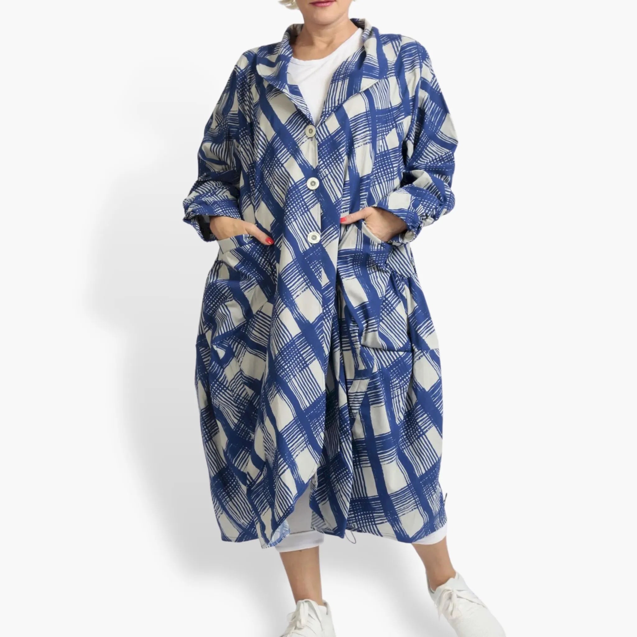  Geraffter Mantel von AKH Fashion aus Viskose, 1089.06583, Blau-Grau, Kariert, Schick
