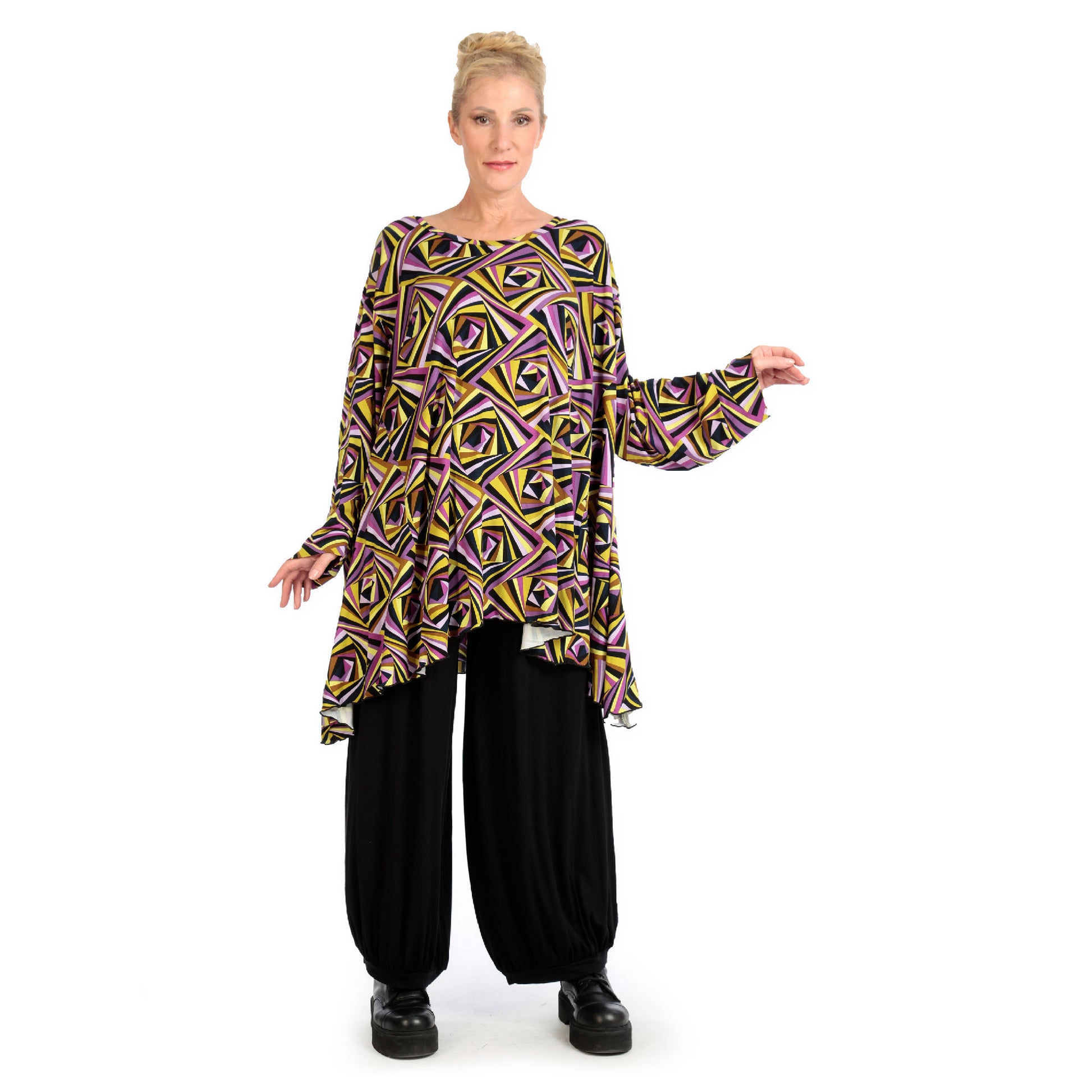  A-Form Bigshirt von AKH Fashion aus Viskose, 1123.00593, Lila-Gelb-Flieder, Schick, Modern