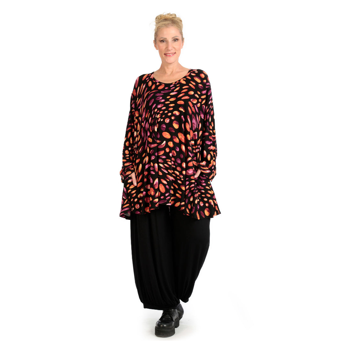  Shirt von AKH Fashion aus Viskose in Glocken-Form, 1124.01892, Schwarz-Rot-Fuchsia