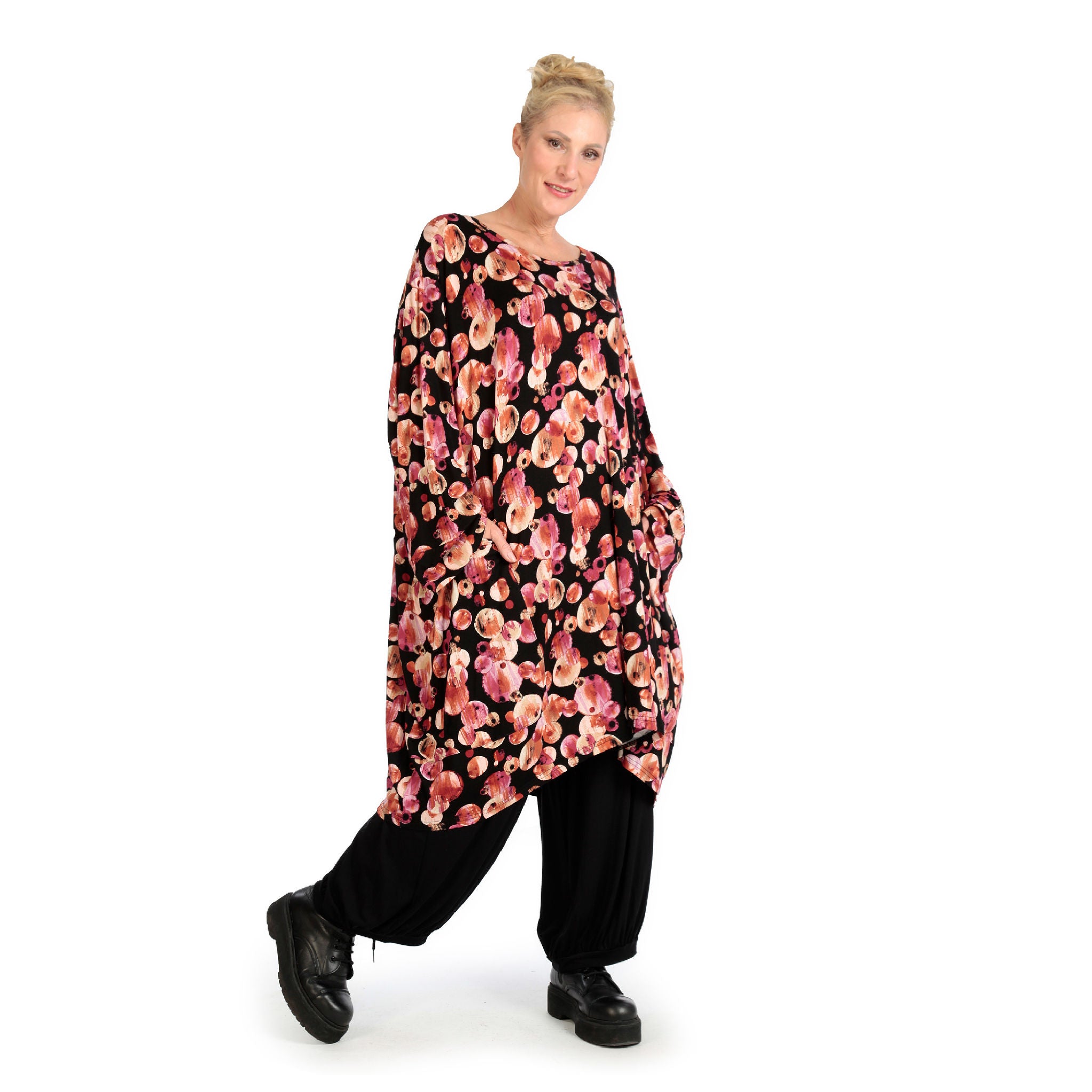  BallonBigshirt von AKH Fashion aus Viskose, 1126.06660, Schwarz-Rot-Fuchsia, Kleckse, Schick