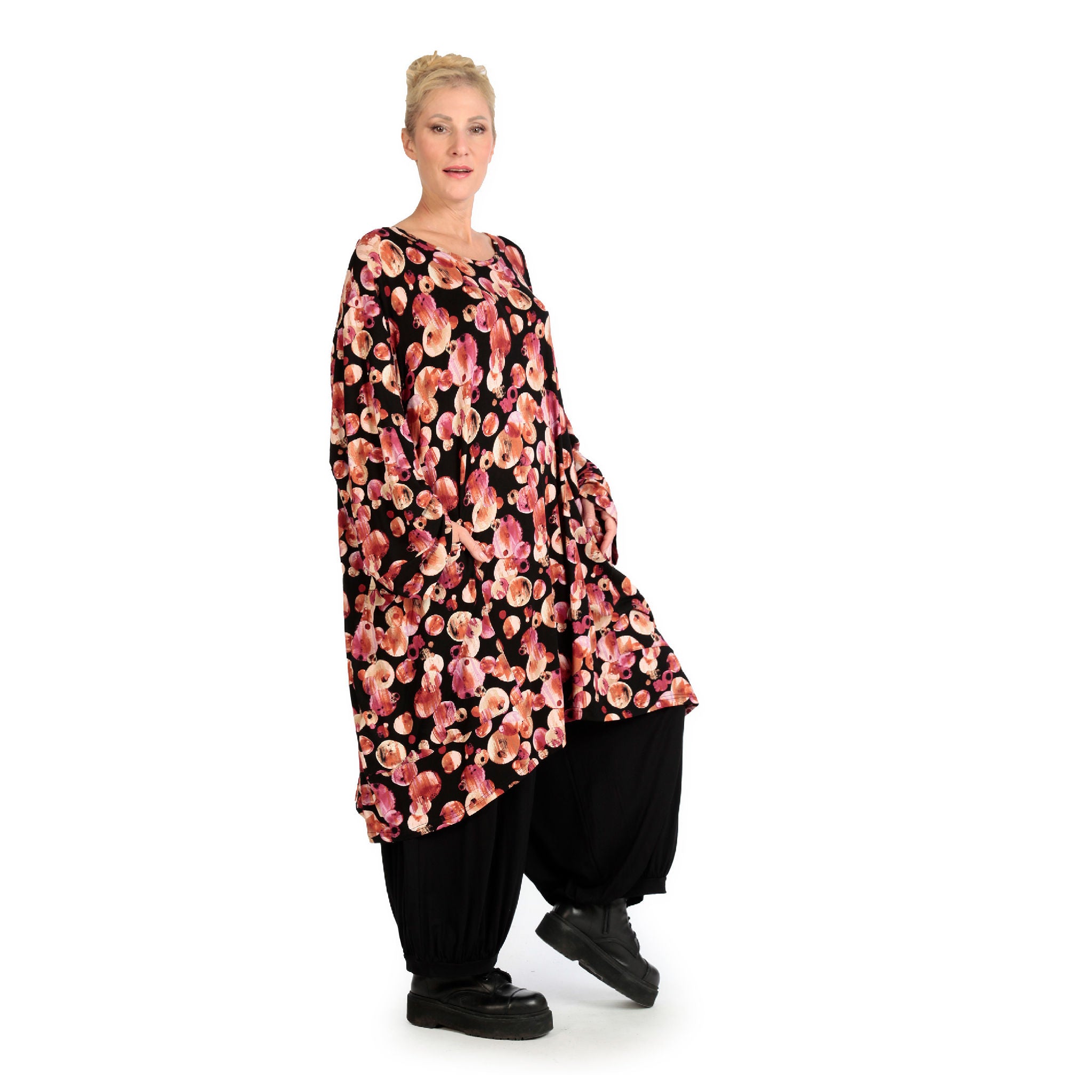  BallonBigshirt von AKH Fashion aus Viskose, 1126.06660, Schwarz-Rot-Fuchsia, Kleckse, Schick