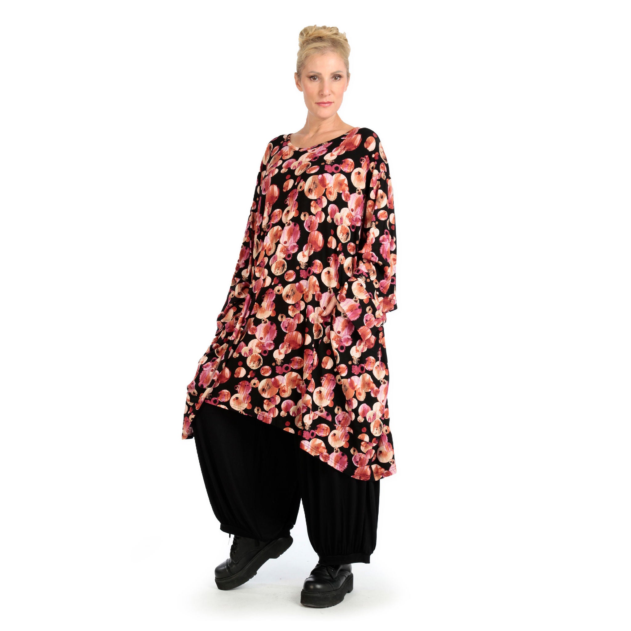  BallonBigshirt von AKH Fashion aus Viskose, 1126.06660, Schwarz-Rot-Fuchsia, Kleckse, Schick