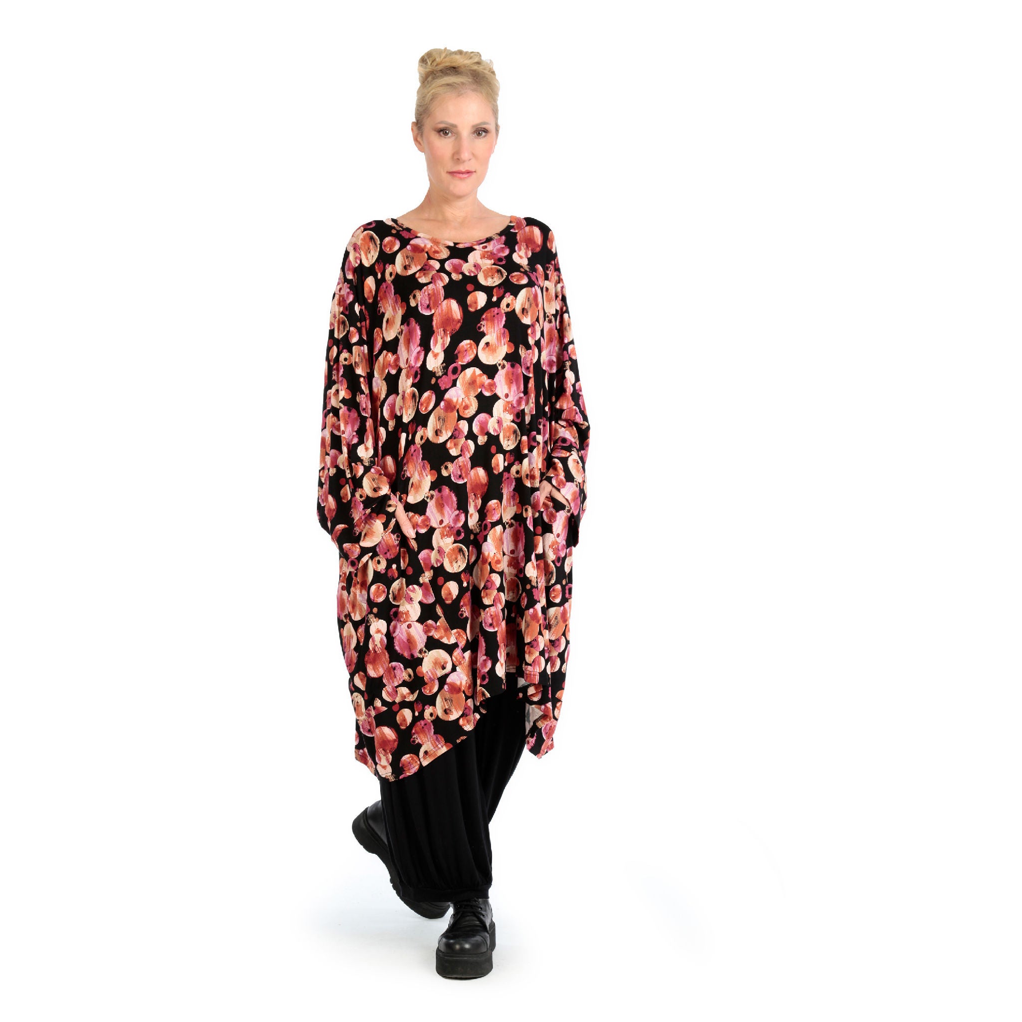 BallonBigshirt von AKH Fashion aus Viskose, 1126.06660, Schwarz-Rot-Fuchsia, Kleckse, Schick