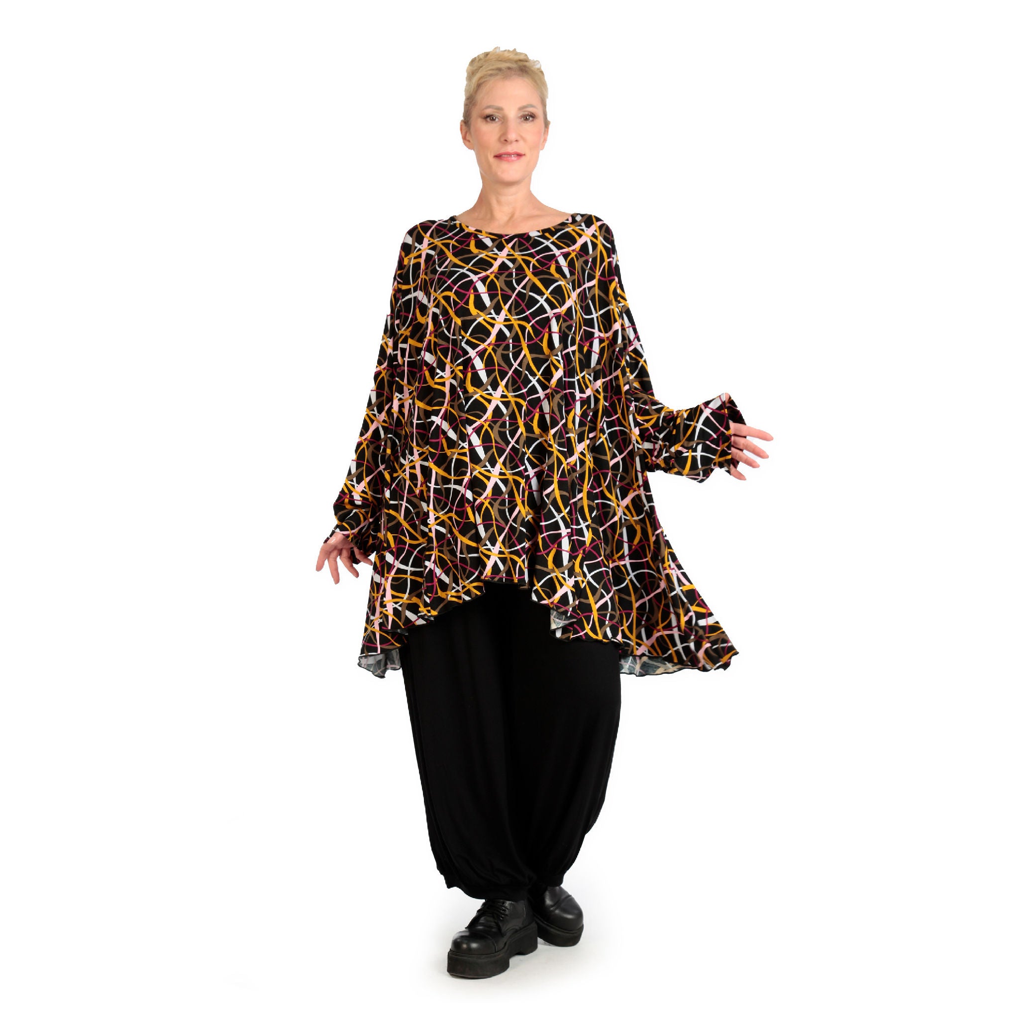  A-Form Bigshirt von AKH Fashion aus Viskose, 1127.00593, Schwarz-Gelb-Weiß, Pinselstrich