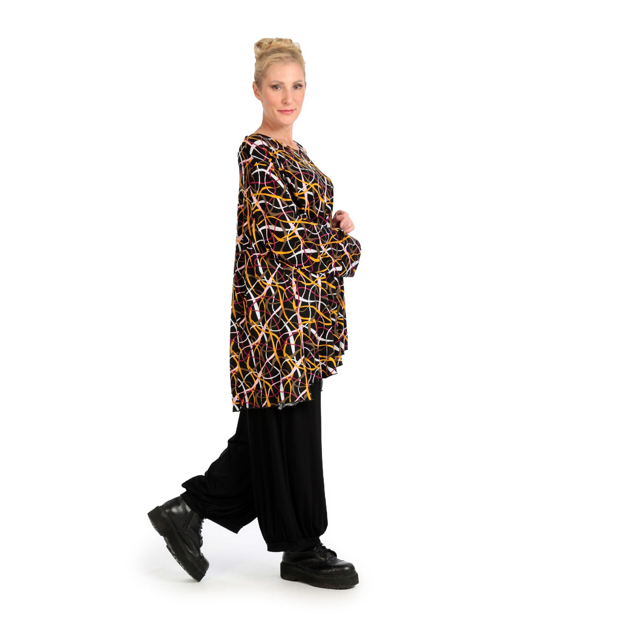  A-Form Bigshirt von AKH Fashion aus Viskose, 1127.00593, Schwarz-Gelb-Weiß, Pinselstrich