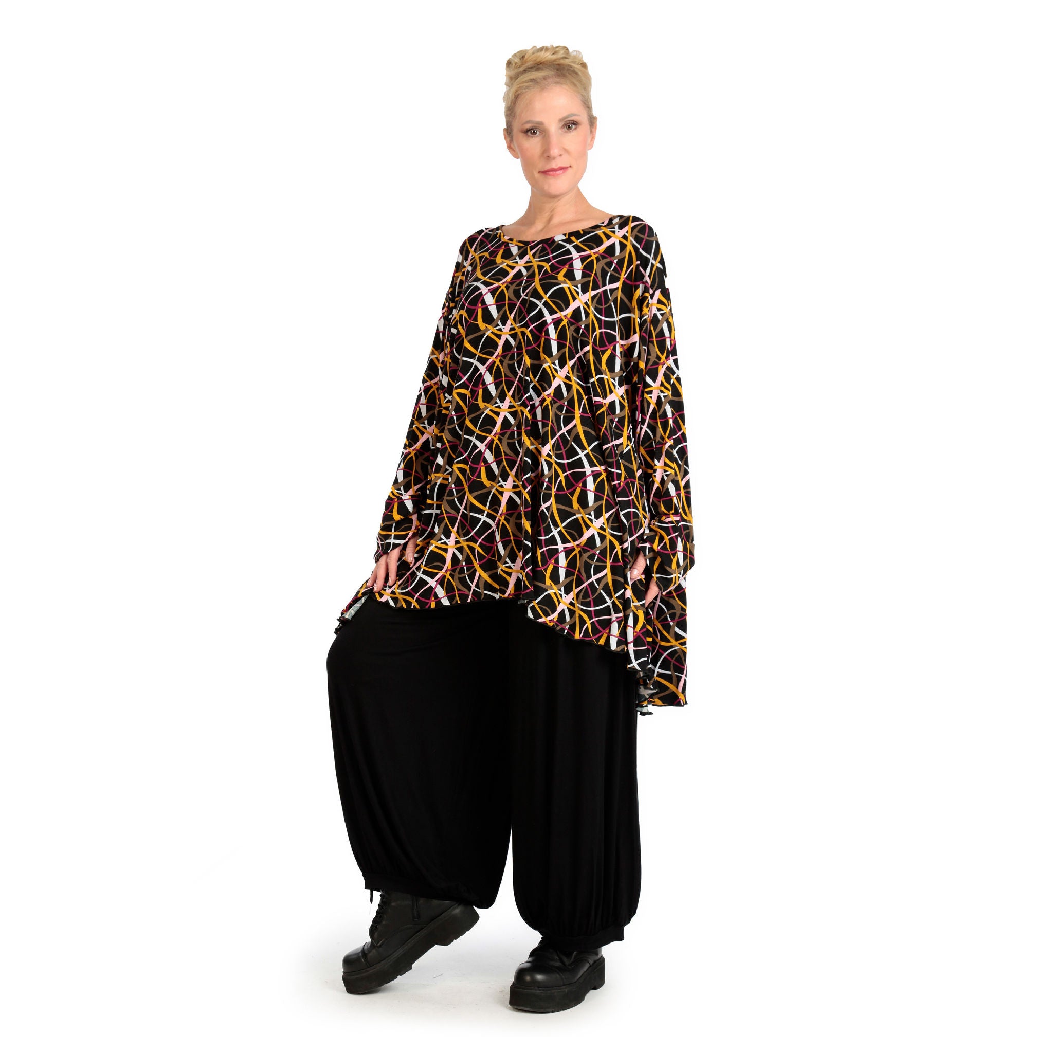  A-Form Bigshirt von AKH Fashion aus Viskose, 1127.00593, Schwarz-Gelb-Weiß, Pinselstrich