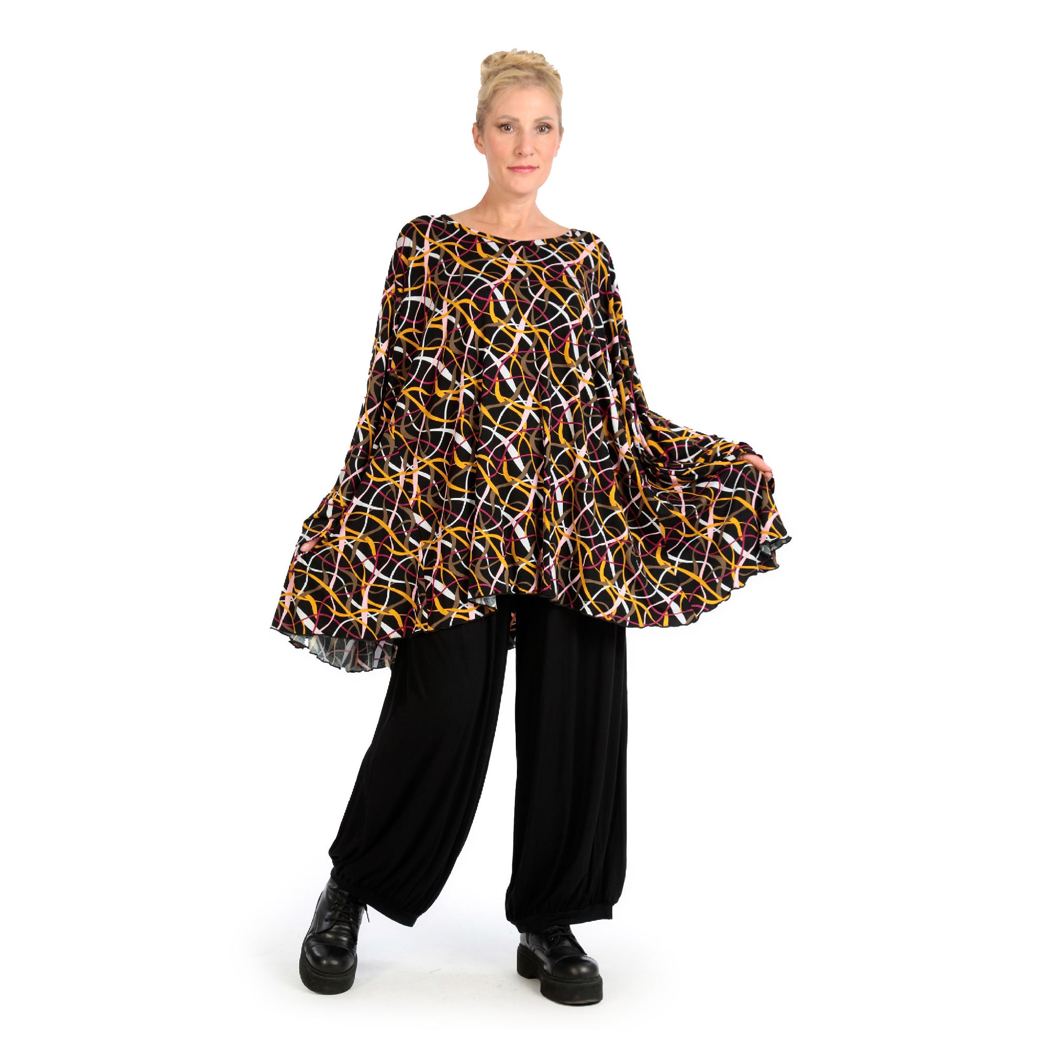  A-Form Bigshirt von AKH Fashion aus Viskose, 1127.00593, Schwarz-Gelb-Weiß, Pinselstrich