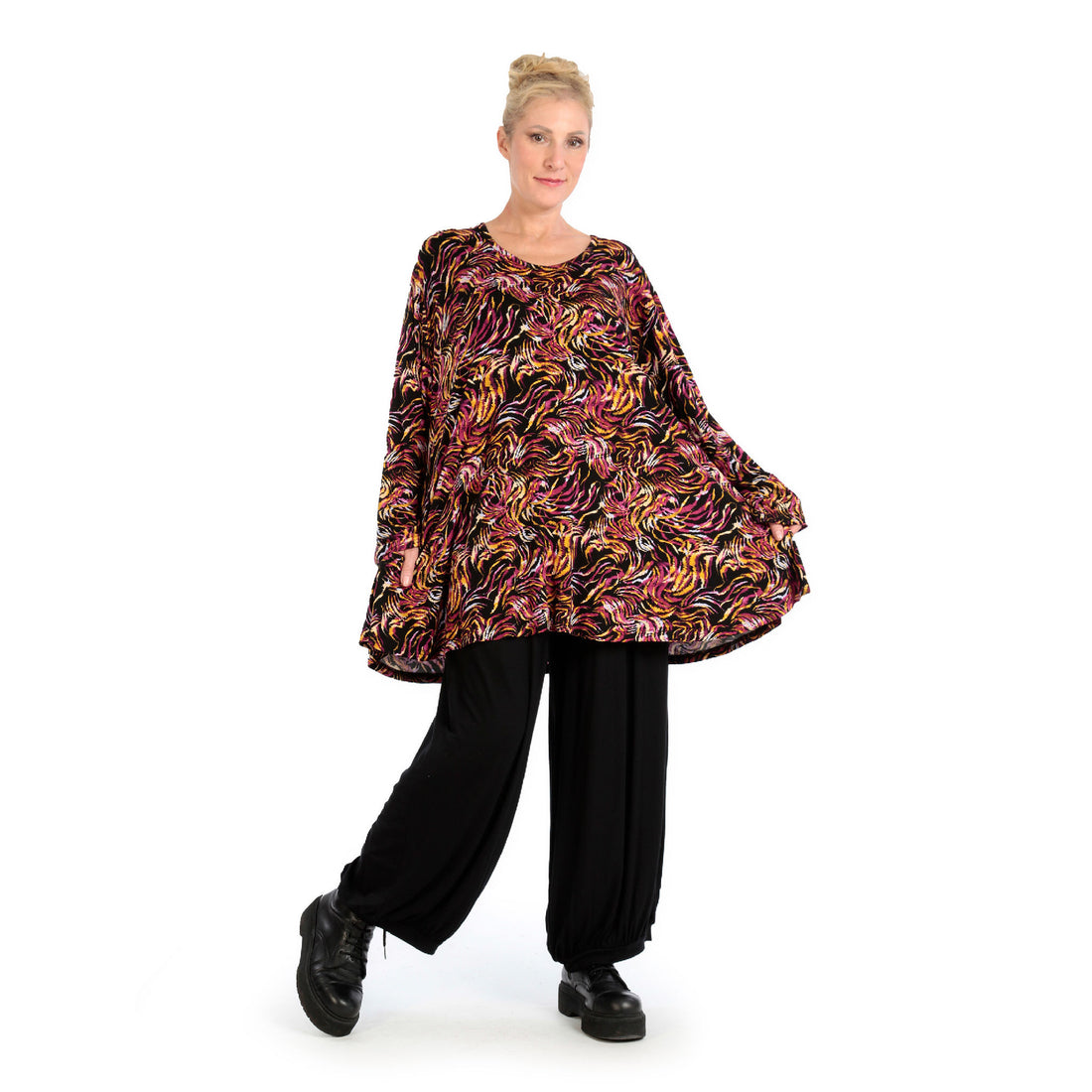  AKH Fashion Shirt in Glocken-Form, aus Viskose, 1130.01892, Schwarz-Fuchsia-Gelb
