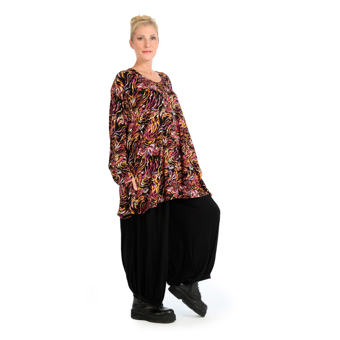  AKH Fashion Shirt in Glocken-Form, aus Viskose, 1130.01892, Schwarz-Fuchsia-Gelb