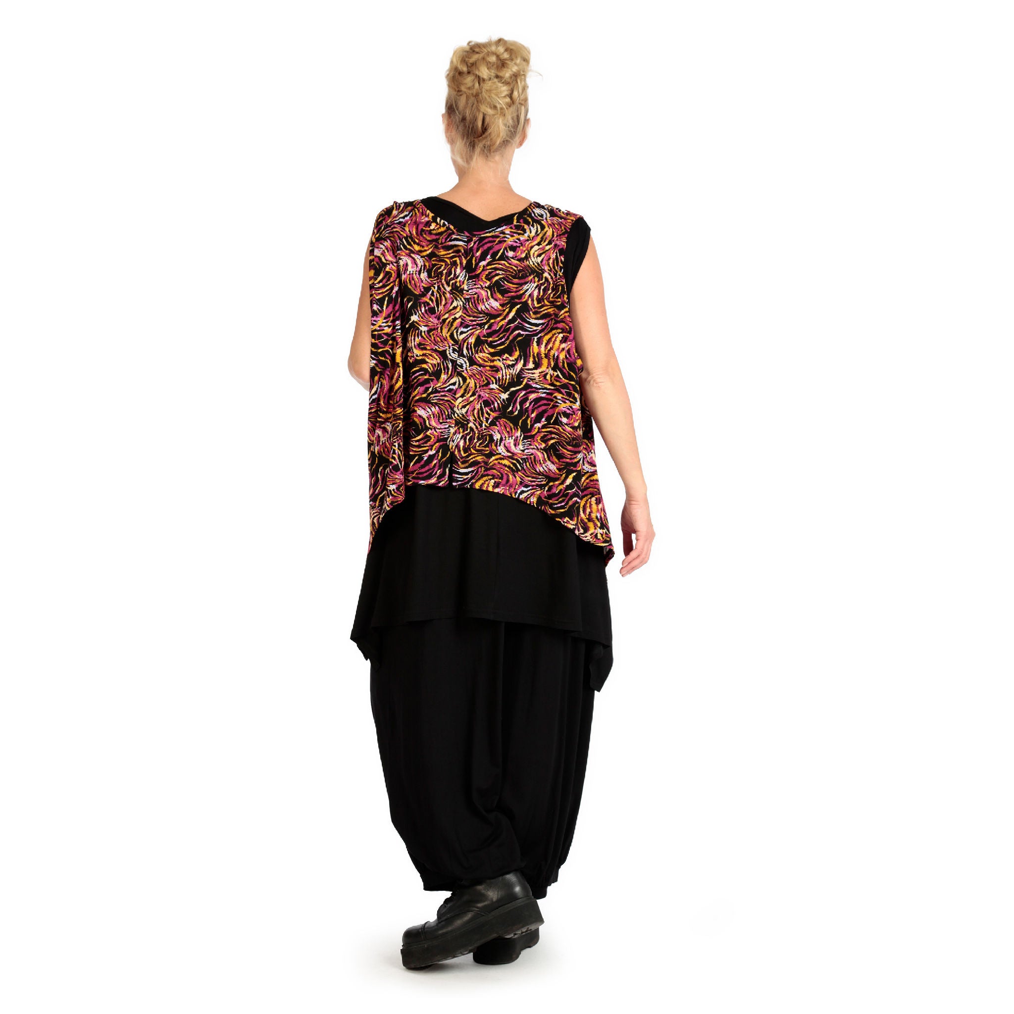  Zipfel Top von AKH Fashion aus Viskose, 1130.00428, Schwarz-Fuchsia-Gelb, Pinselstrich