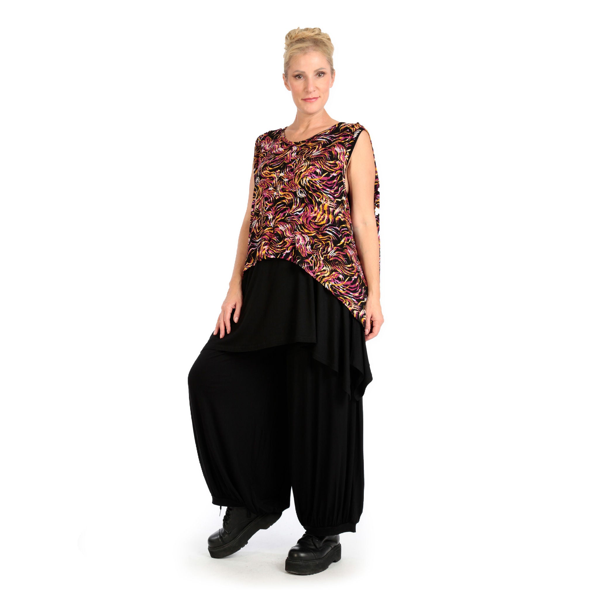  Zipfel Top von AKH Fashion aus Viskose, 1130.00428, Schwarz-Fuchsia-Gelb, Pinselstrich