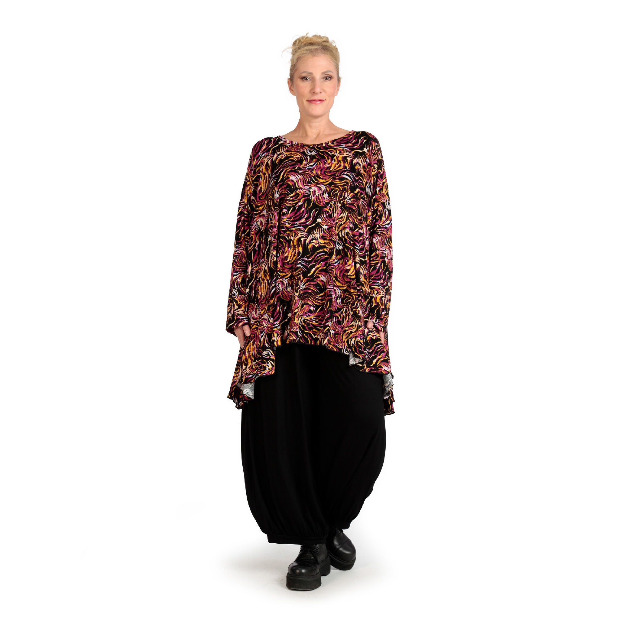  A-Form Bigshirt von AKH Fashion aus Viskose, 1130.00593, Schwarz-Fuchsia-Gelb, Pinselstrich
