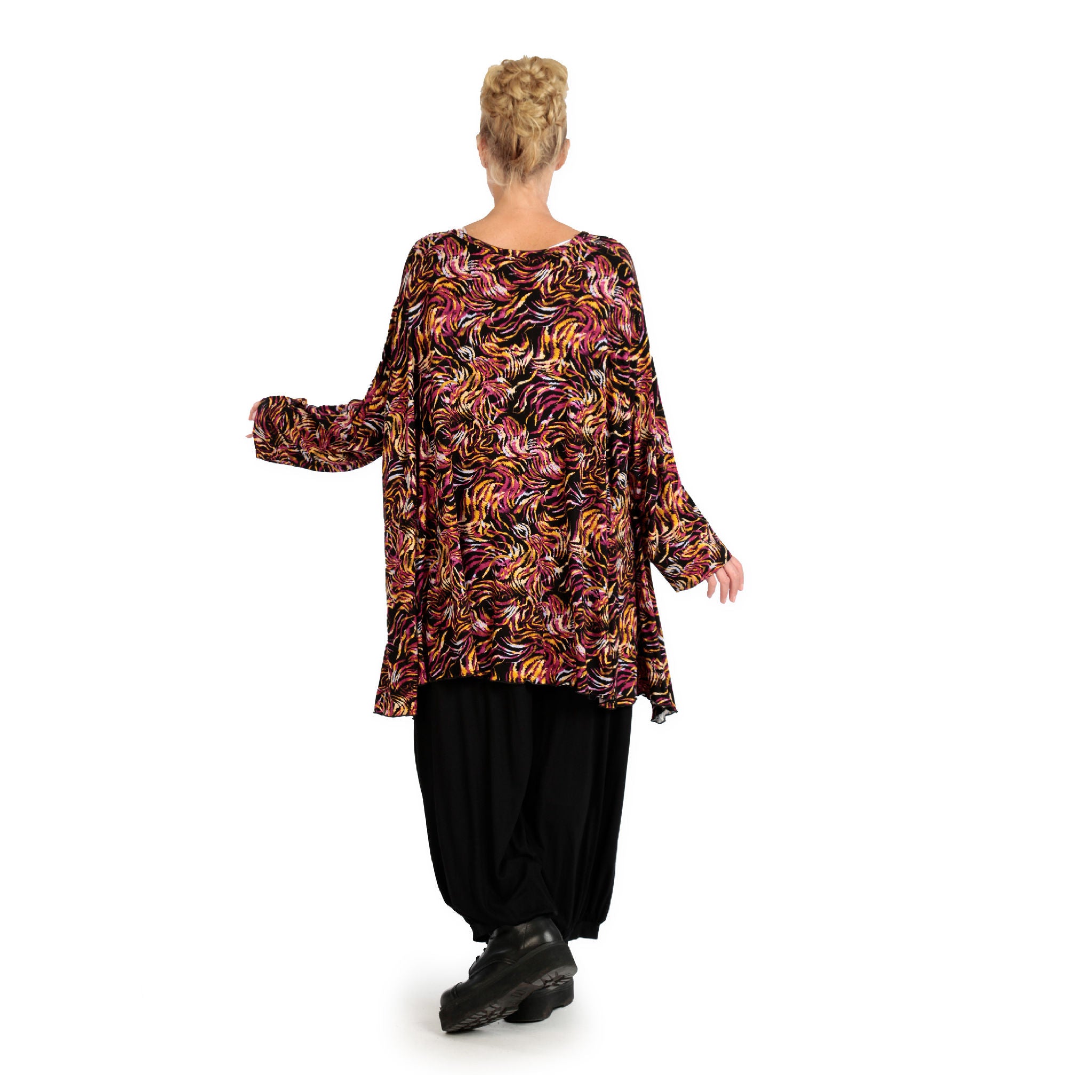  A-Form Bigshirt von AKH Fashion aus Viskose, 1130.00593, Schwarz-Fuchsia-Gelb, Pinselstrich