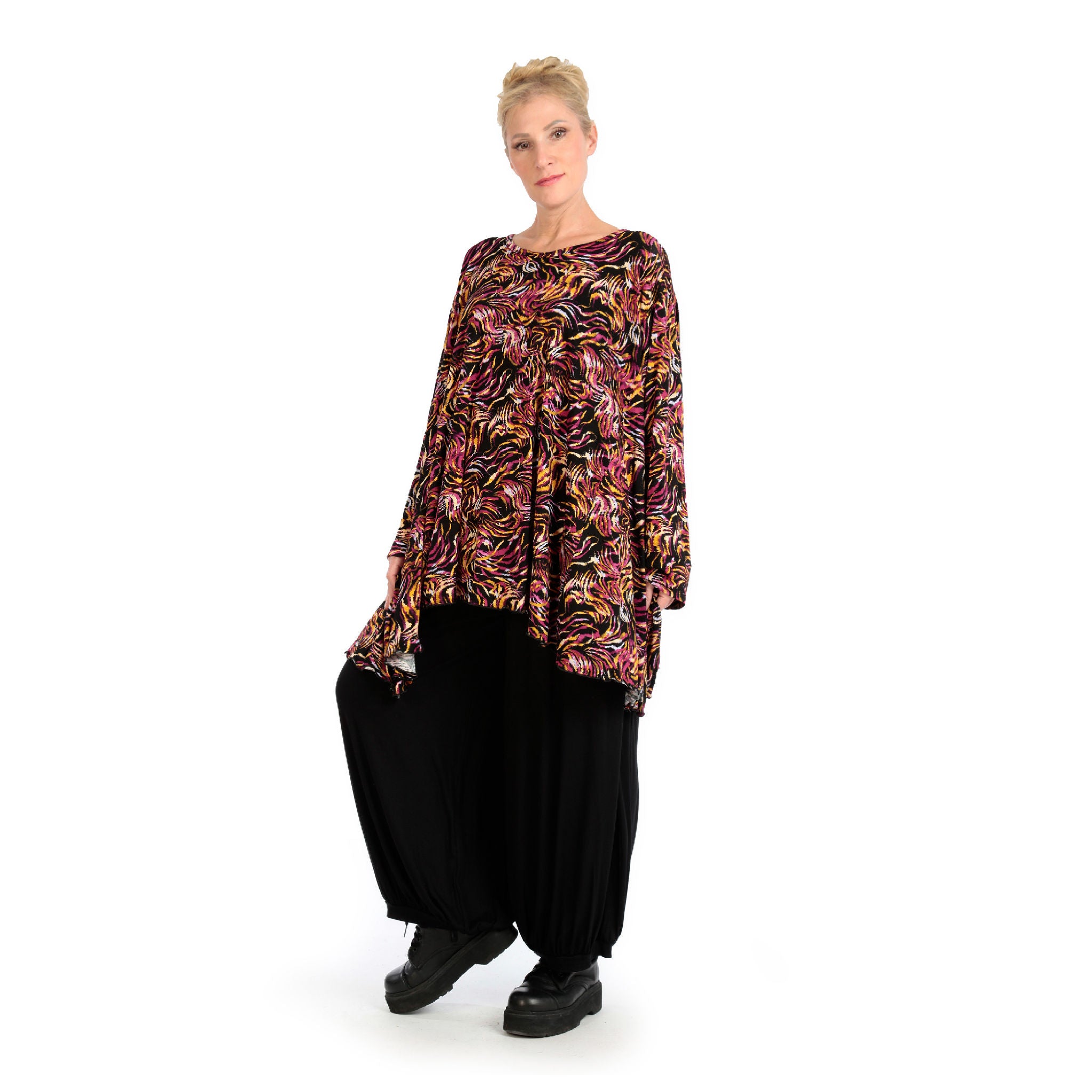  A-Form Bigshirt von AKH Fashion aus Viskose, 1130.00593, Schwarz-Fuchsia-Gelb, Pinselstrich