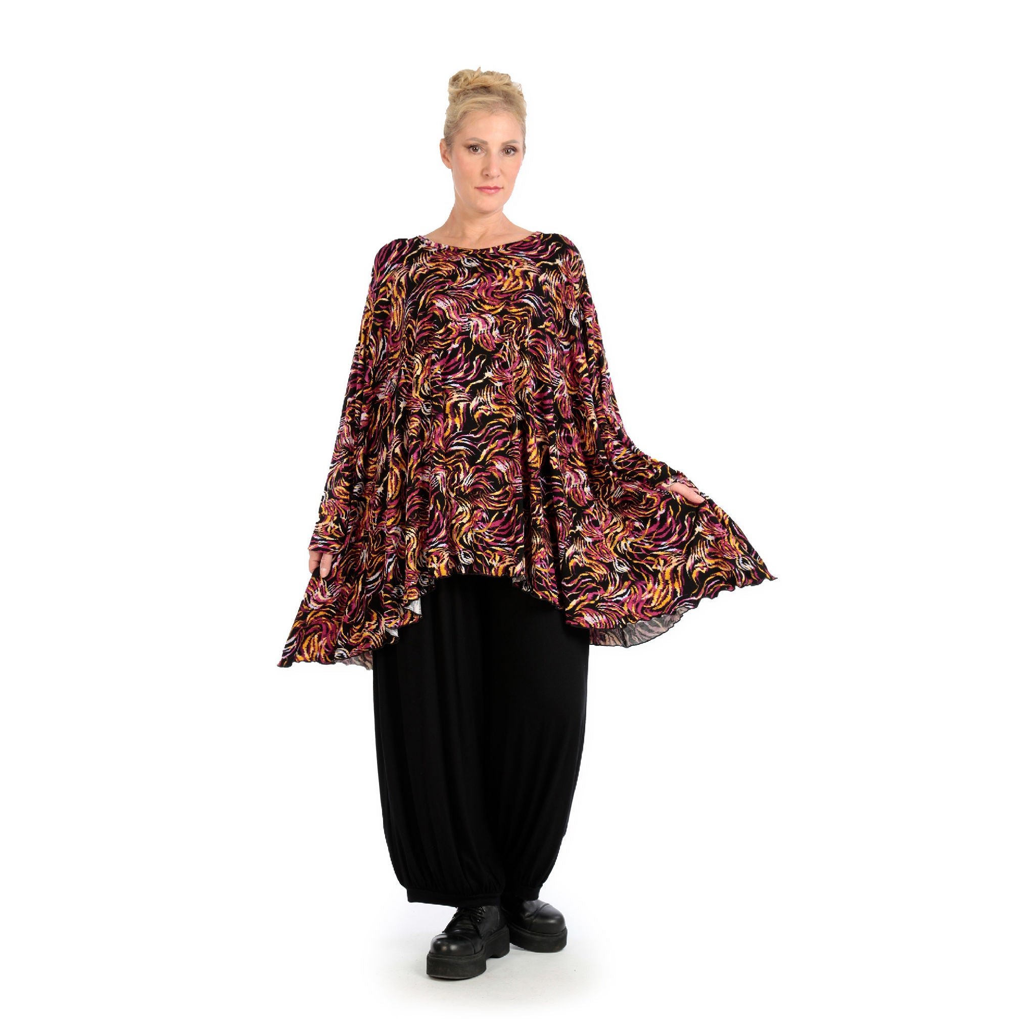  A-Form Bigshirt von AKH Fashion aus Viskose, 1130.00593, Schwarz-Fuchsia-Gelb, Pinselstrich