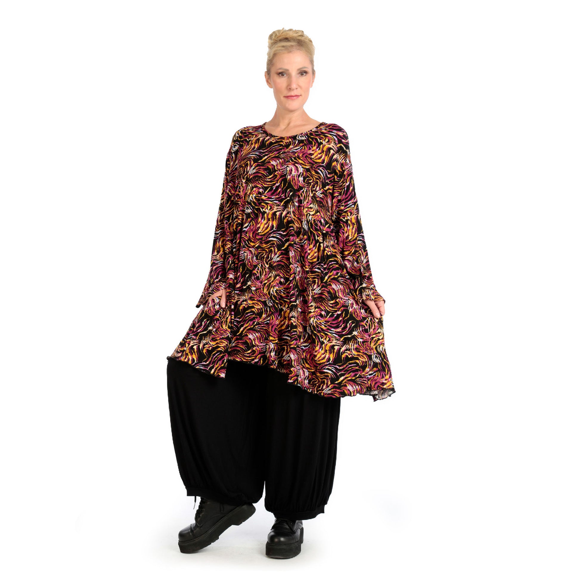  A-Form Bigshirt von AKH Fashion aus Viskose, 1130.06866, Schwarz-Fuchsia-Gelb, Ausgefallen