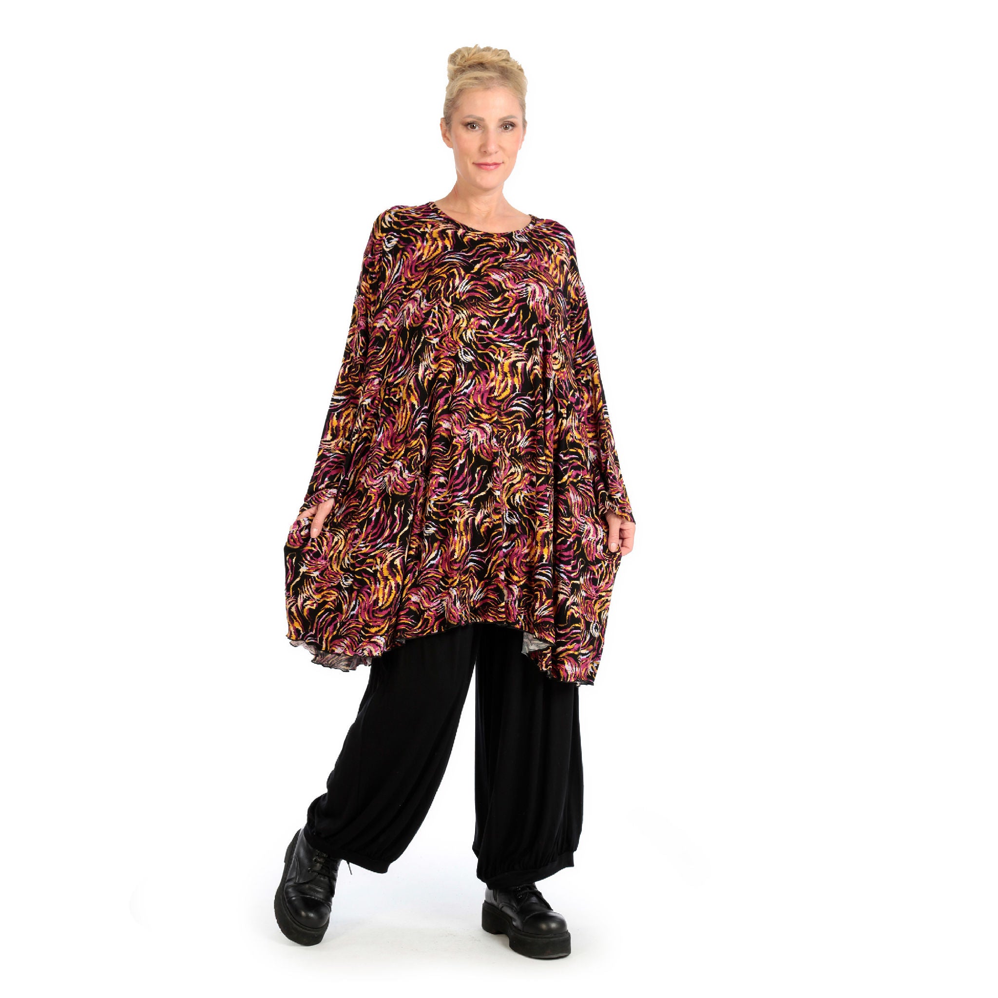  A-Form Bigshirt von AKH Fashion aus Viskose, 1130.06866, Schwarz-Fuchsia-Gelb, Pinselstrich