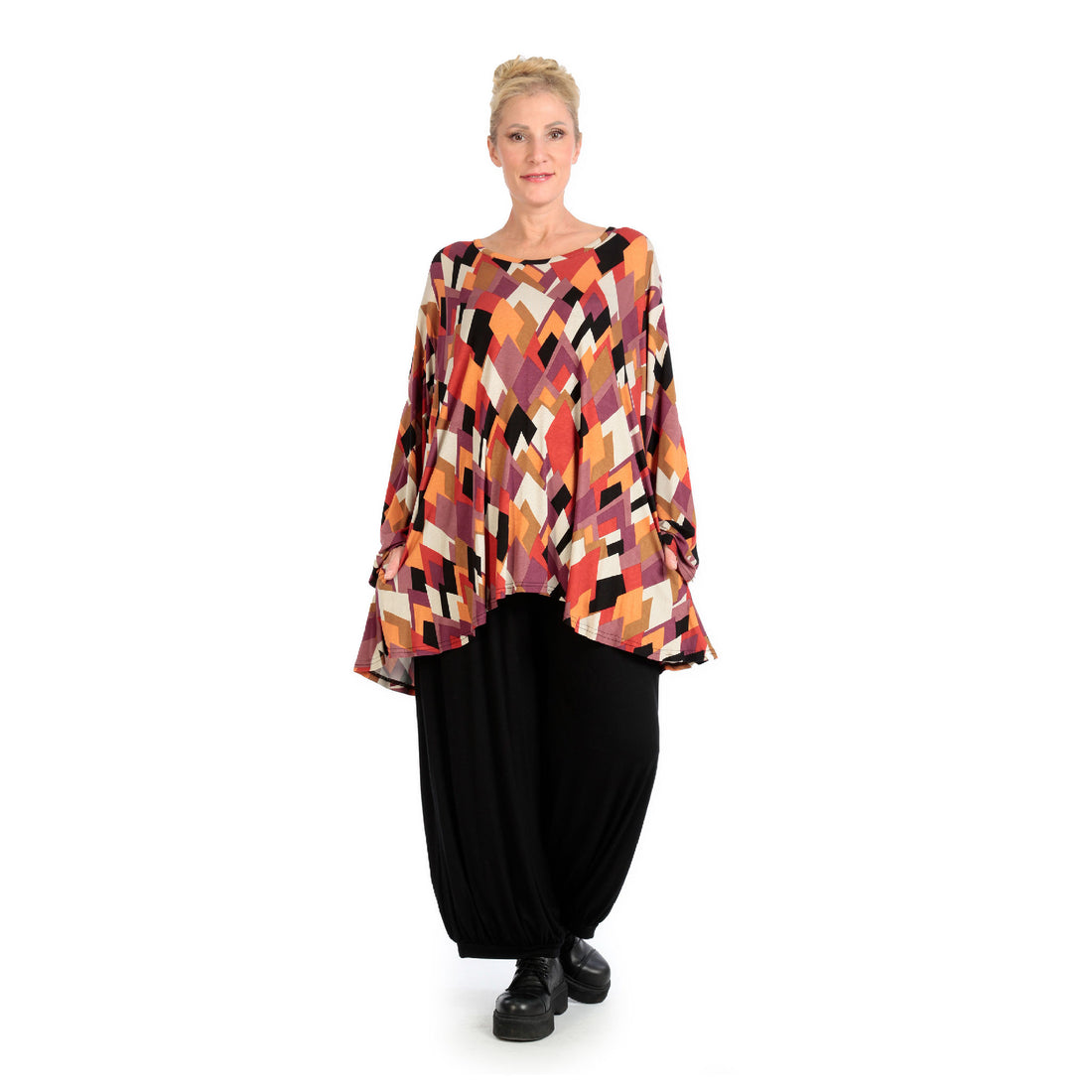  AKH Fashion Shirt in Glocken-Form, aus Viskose, 1131.01892, Schwarz-Flieder-Orange, Raute