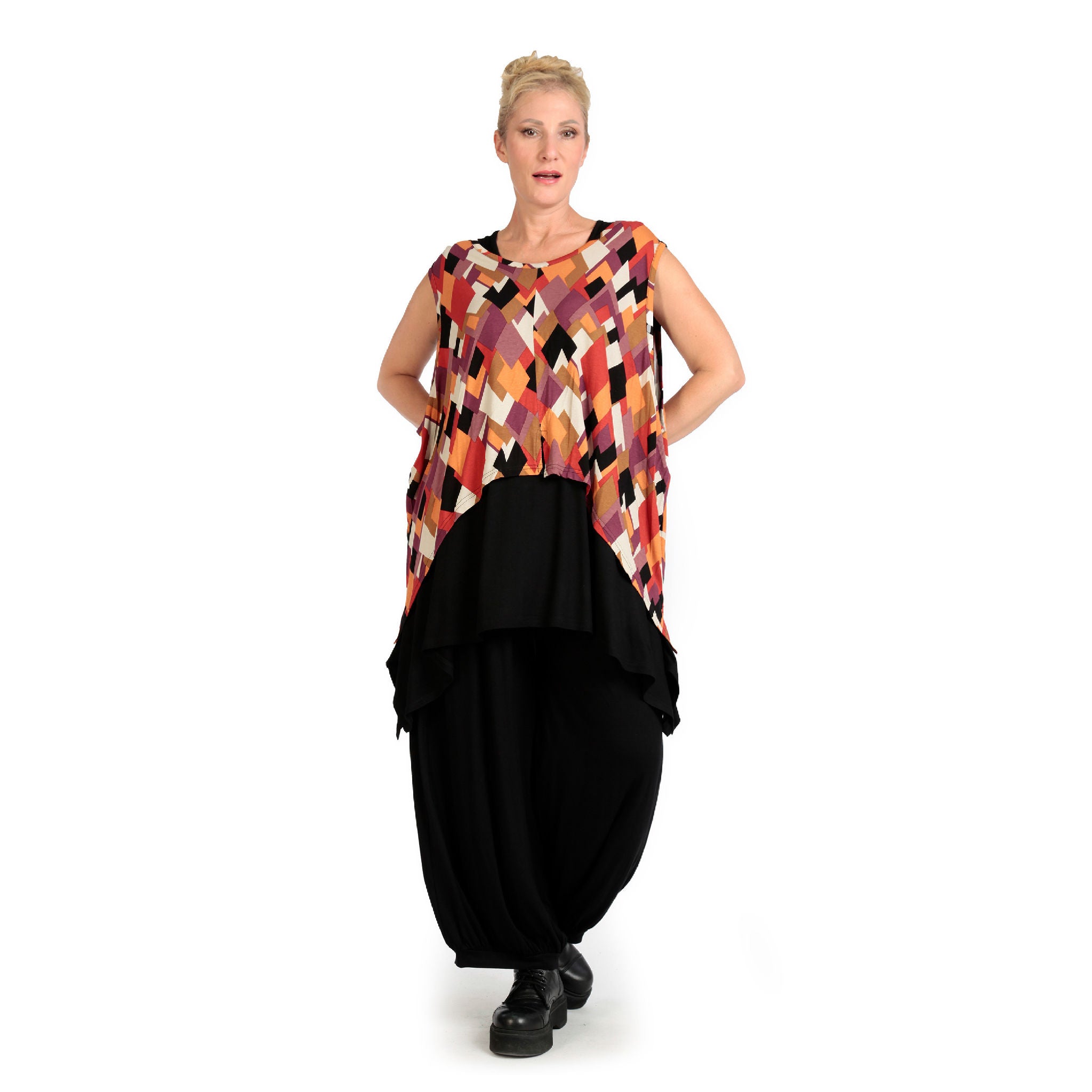  Zipfel Top von AKH Fashion aus Viskose, 1131.00428, Schwarz-Flieder-Orange, Raute, Schick
