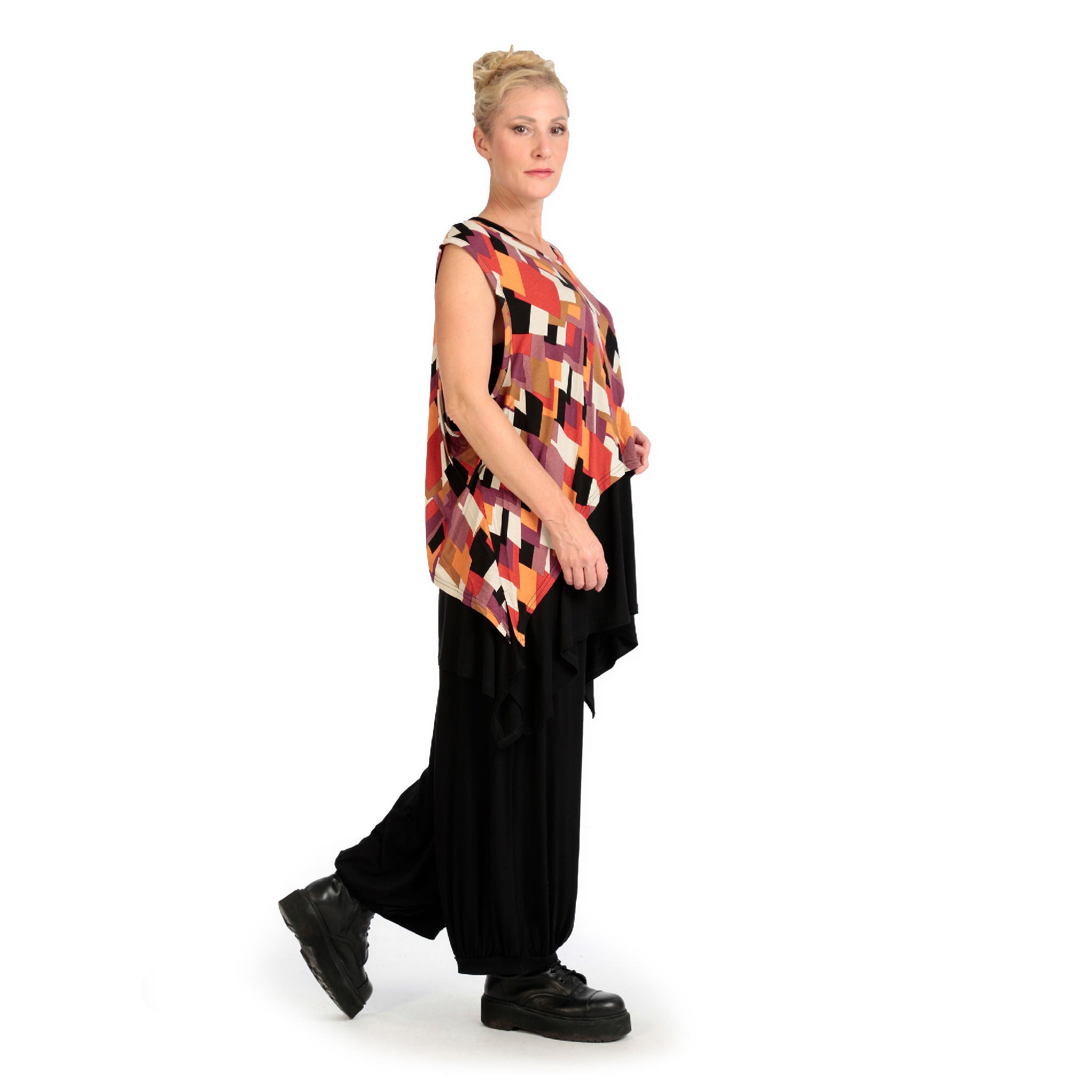  Zipfel Top von AKH Fashion aus Viskose, 1131.00428, Schwarz-Flieder-Orange, Raute, Schick