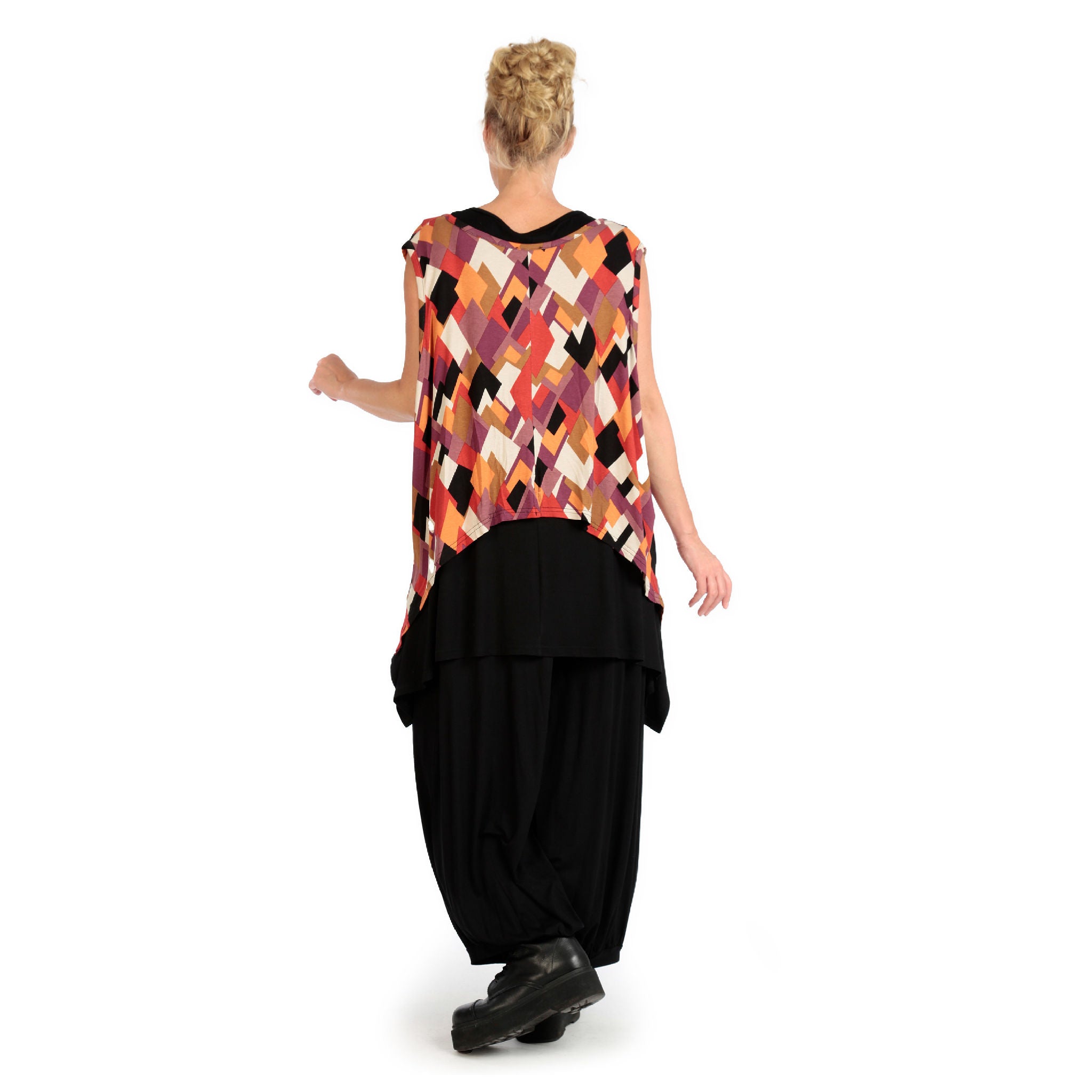  Zipfel Top von AKH Fashion aus Viskose, 1131.00428, Schwarz-Flieder-Orange, Raute, Schick