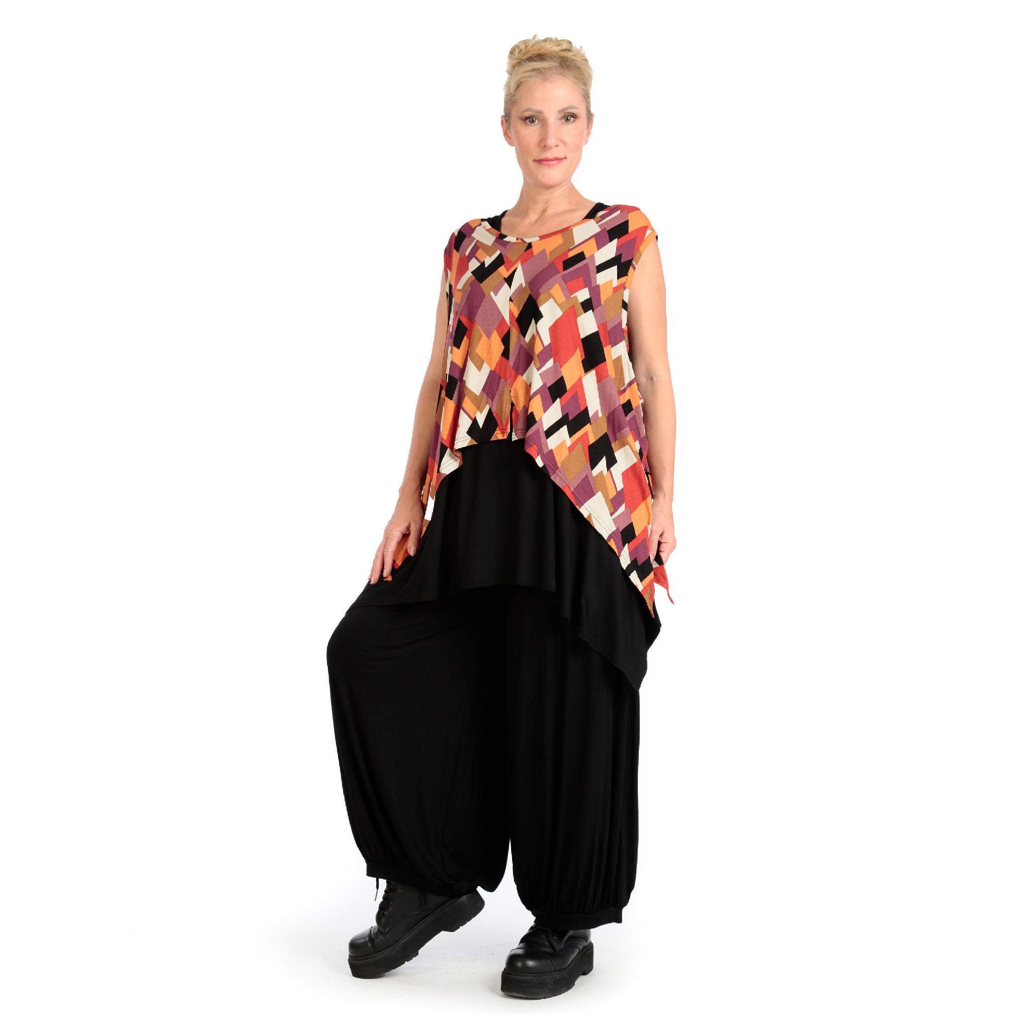  Zipfel Top von AKH Fashion aus Viskose, 1131.00428, Schwarz-Flieder-Orange, Raute, Schick
