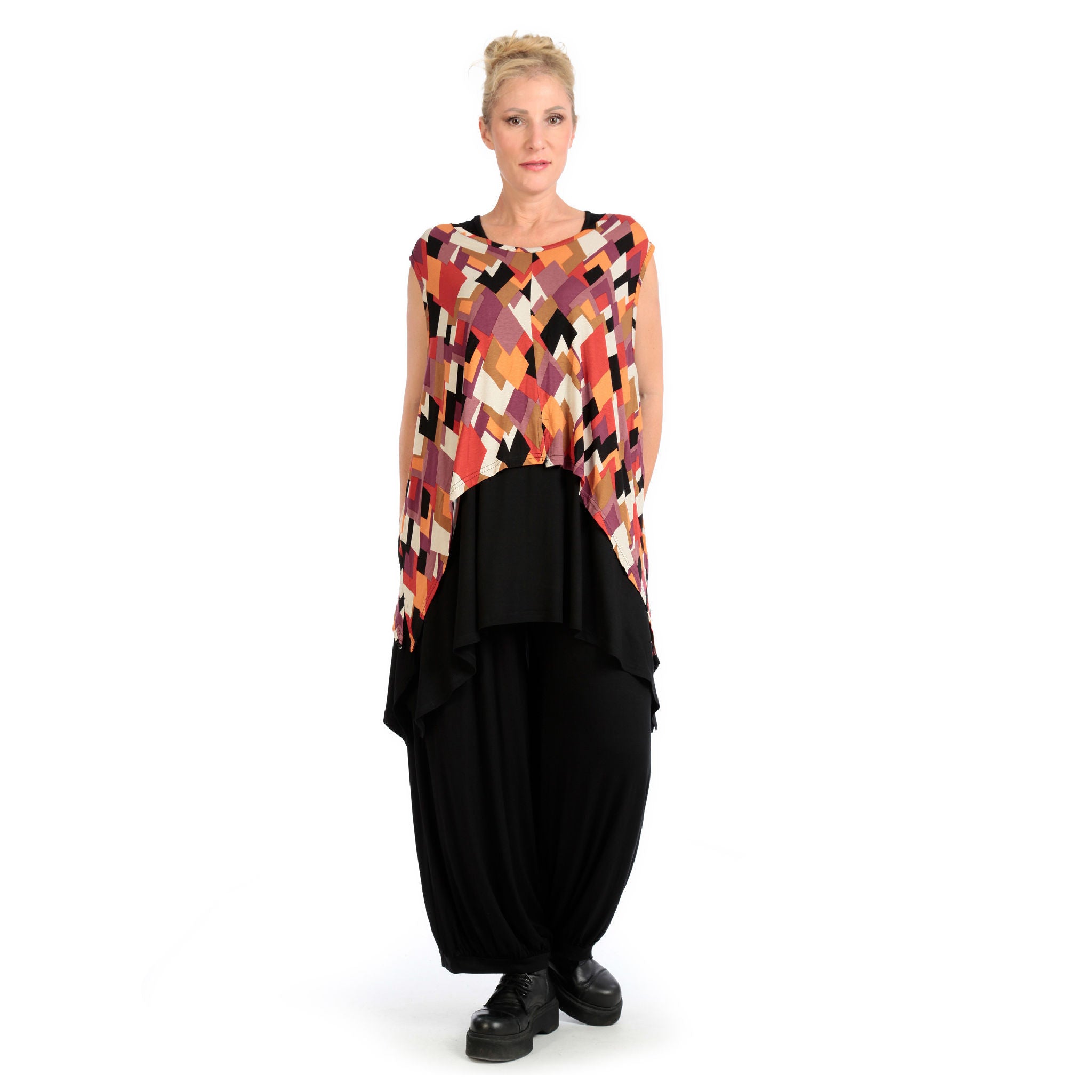  Zipfel Top von AKH Fashion aus Viskose, 1131.00428, Schwarz-Flieder-Orange, Raute, Schick