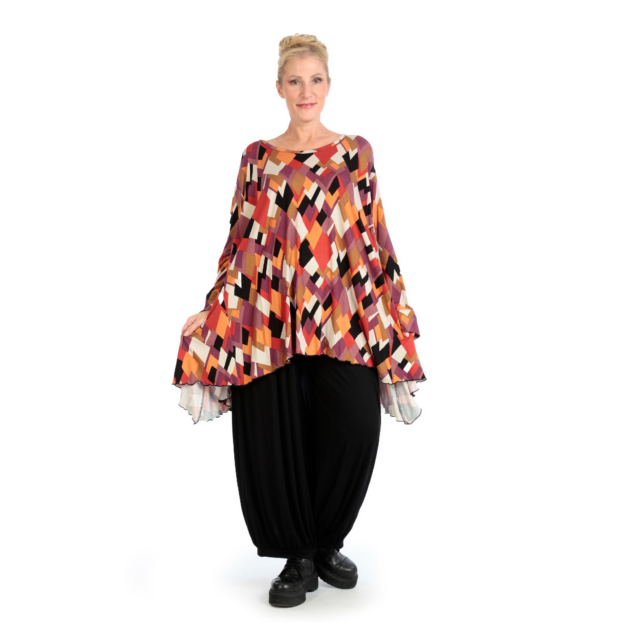  A-Form Bigshirt von AKH Fashion aus Viskose, 1131.00593, Schwarz-Flieder-Orange, Raute