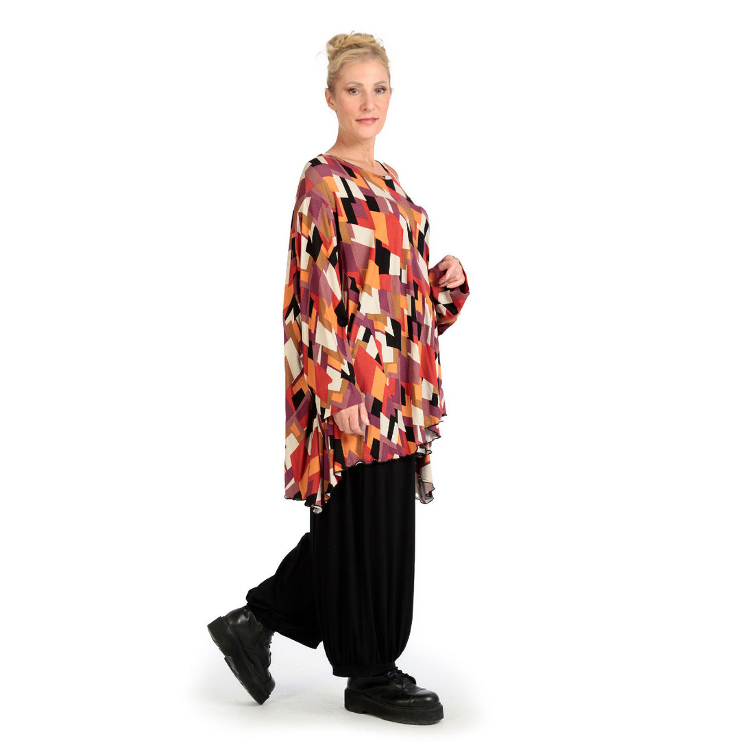  A-Form Bigshirt von AKH Fashion aus Viskose, 1131.00593, Schwarz-Flieder-Orange, Ausgefallen